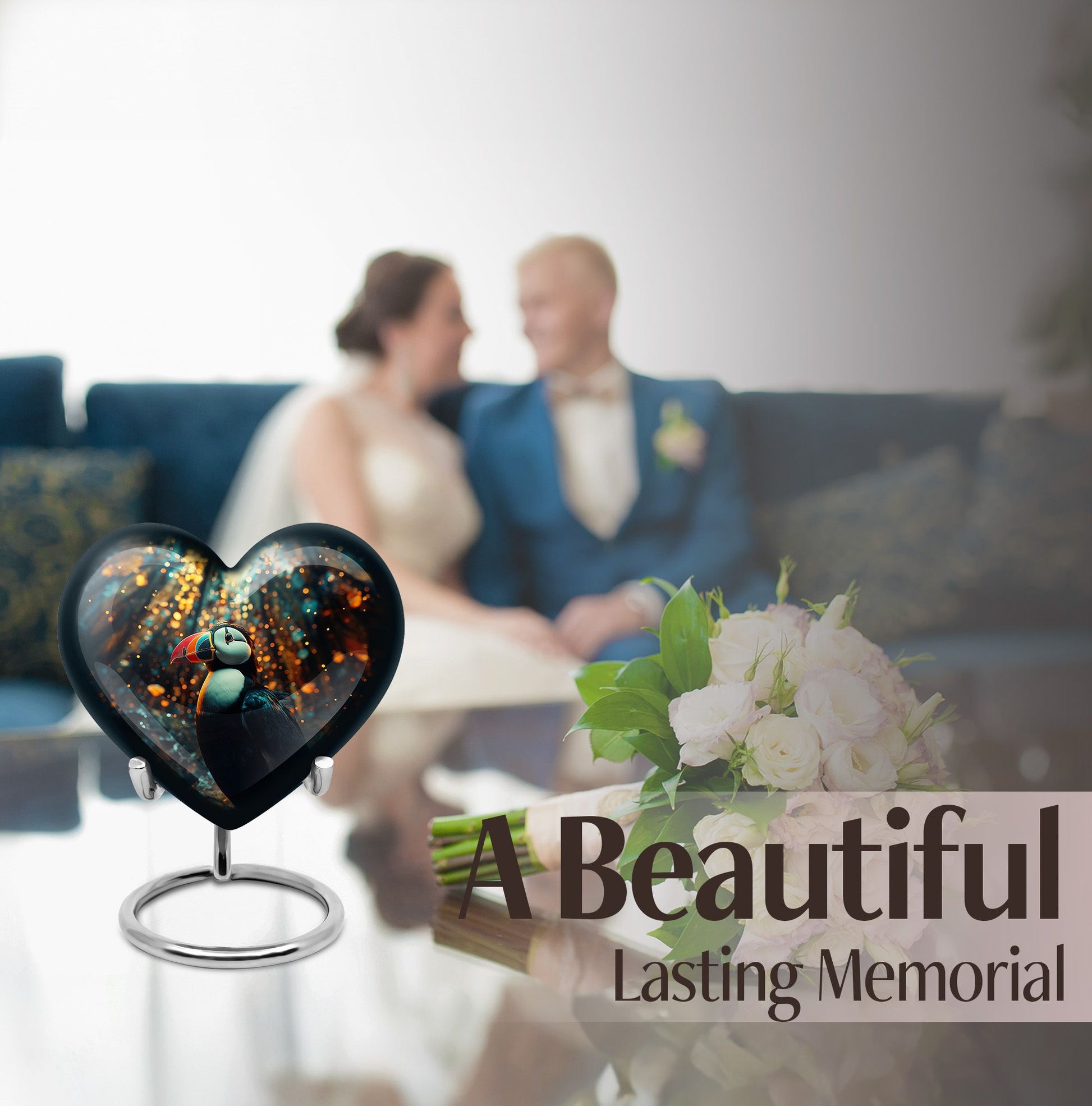 Puffin Bird heart-shaped memorial urn for human ashes