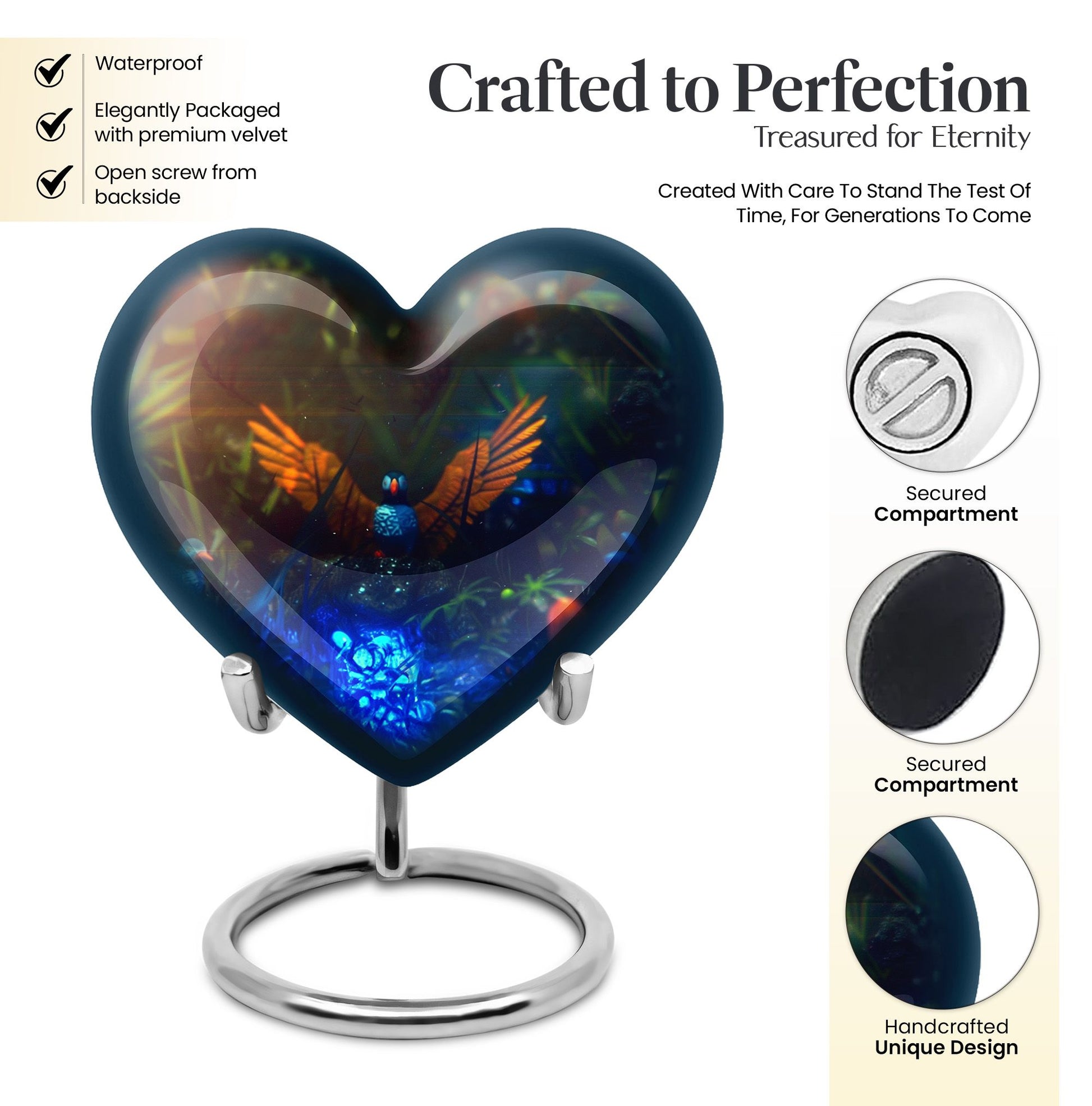 Heart-shaped Puffin Bird cremation urn 