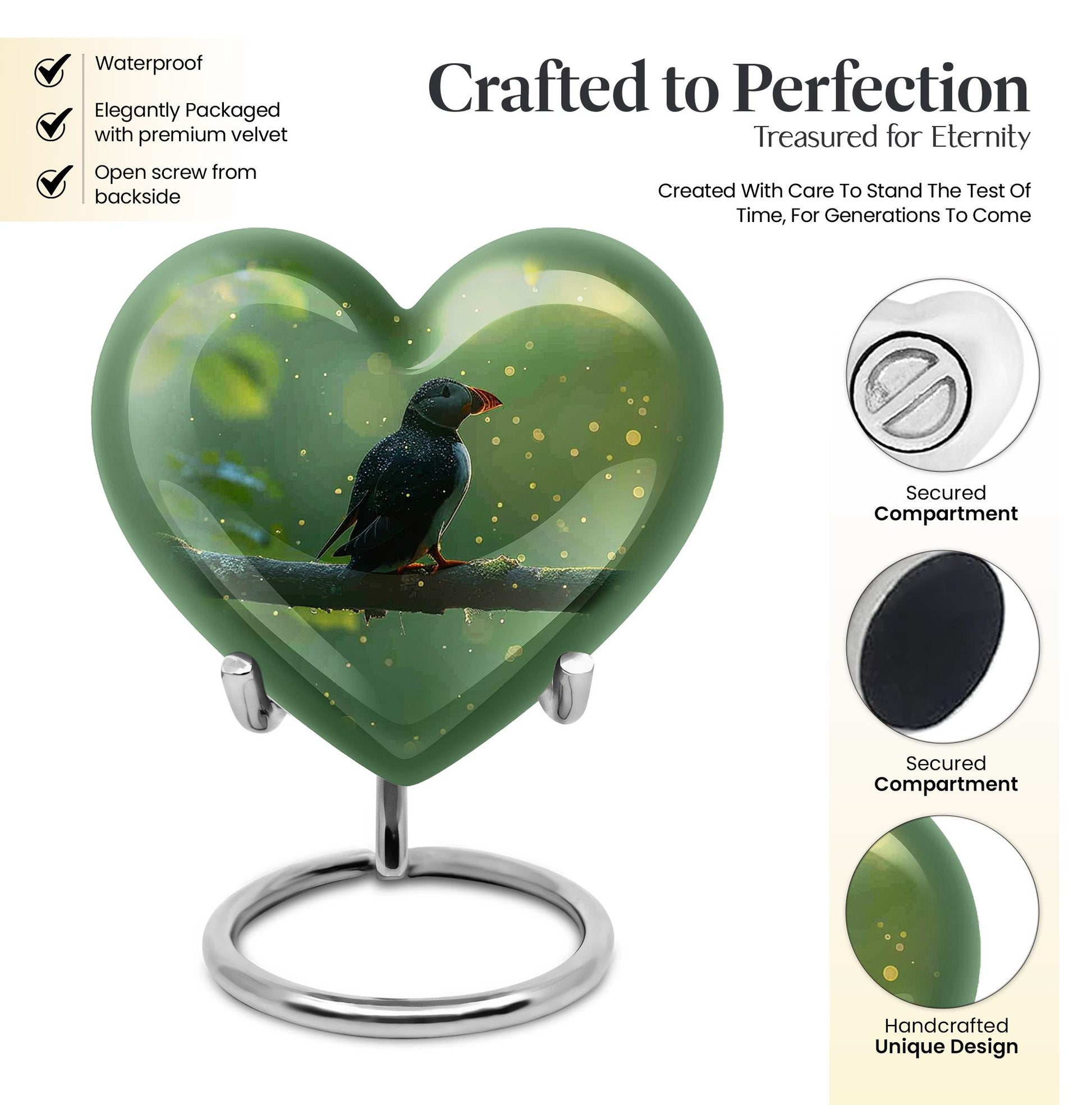 heart shaped Puffin Bird Urn