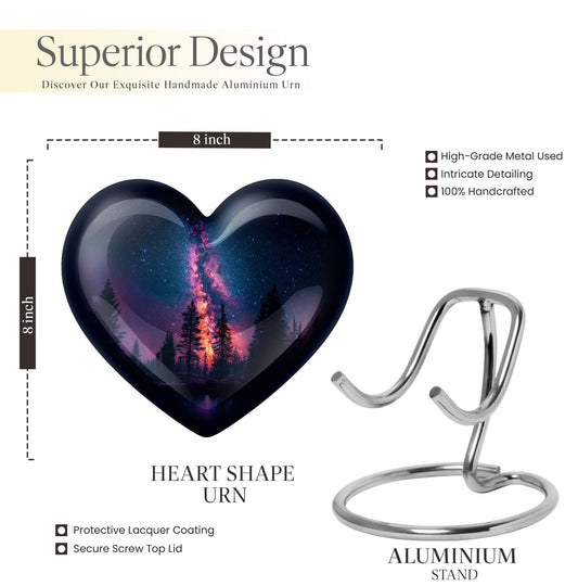 Galaxy design Heart Cremation Funeral Urn made of Aluminium, 10 inches with velvet pouch