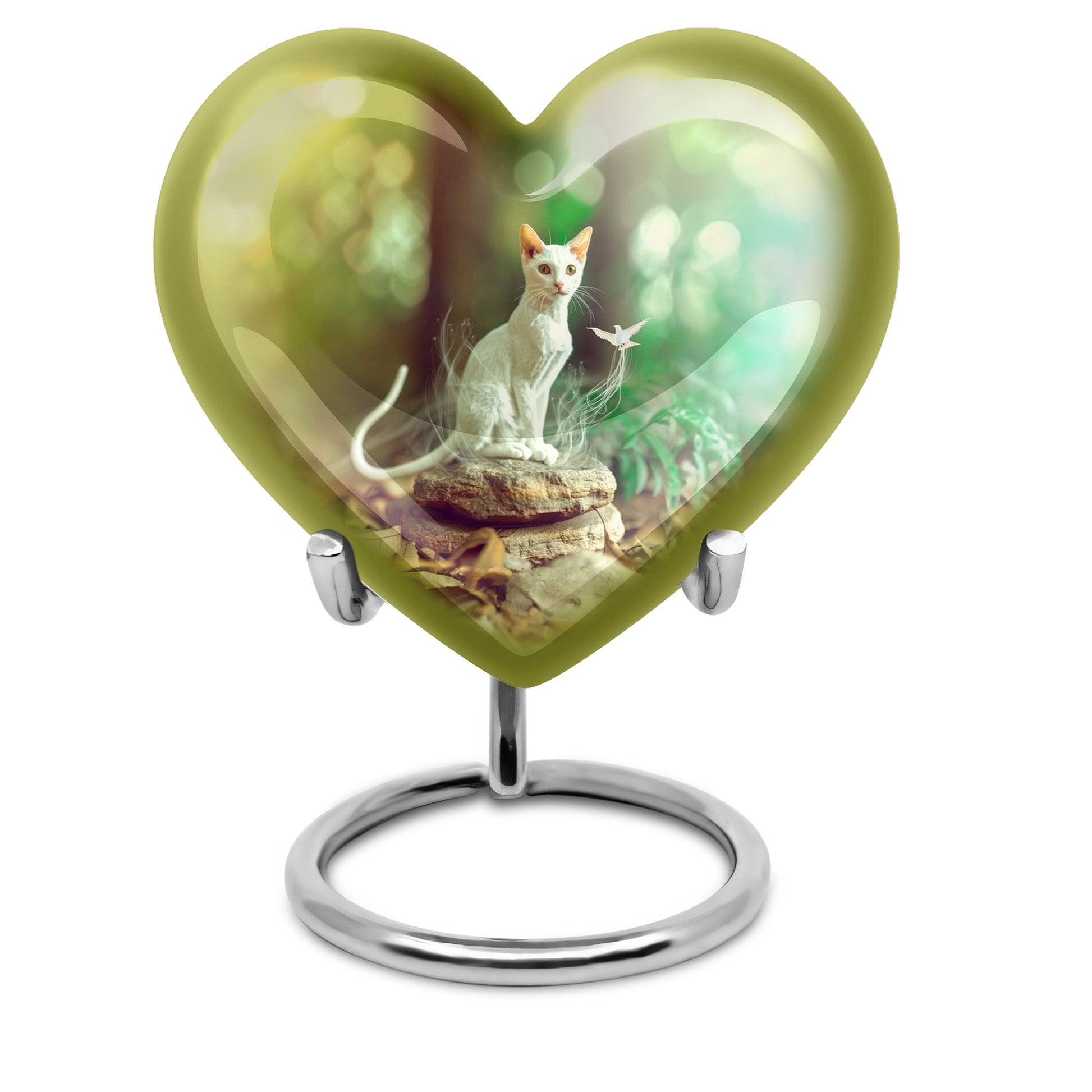 white heart-shaped cat urn