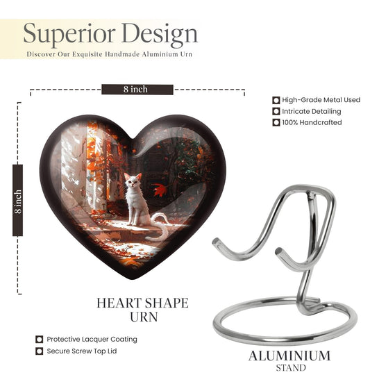 White cat heart-shaped, medium aluminium urn for human ashes with customization option