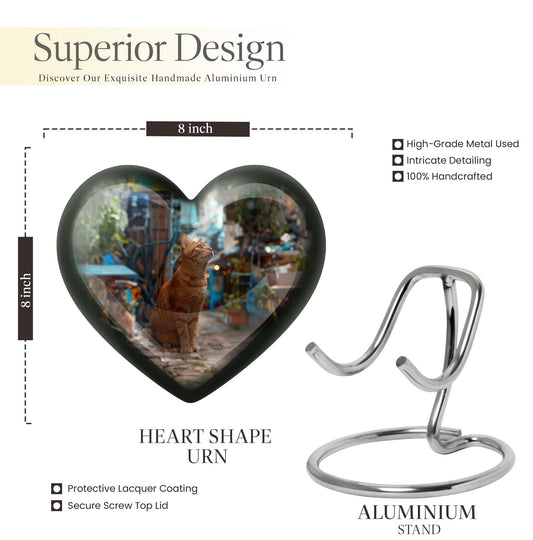 10 inch orange cat Heart Urn, cremation urn for ashes in aluminium