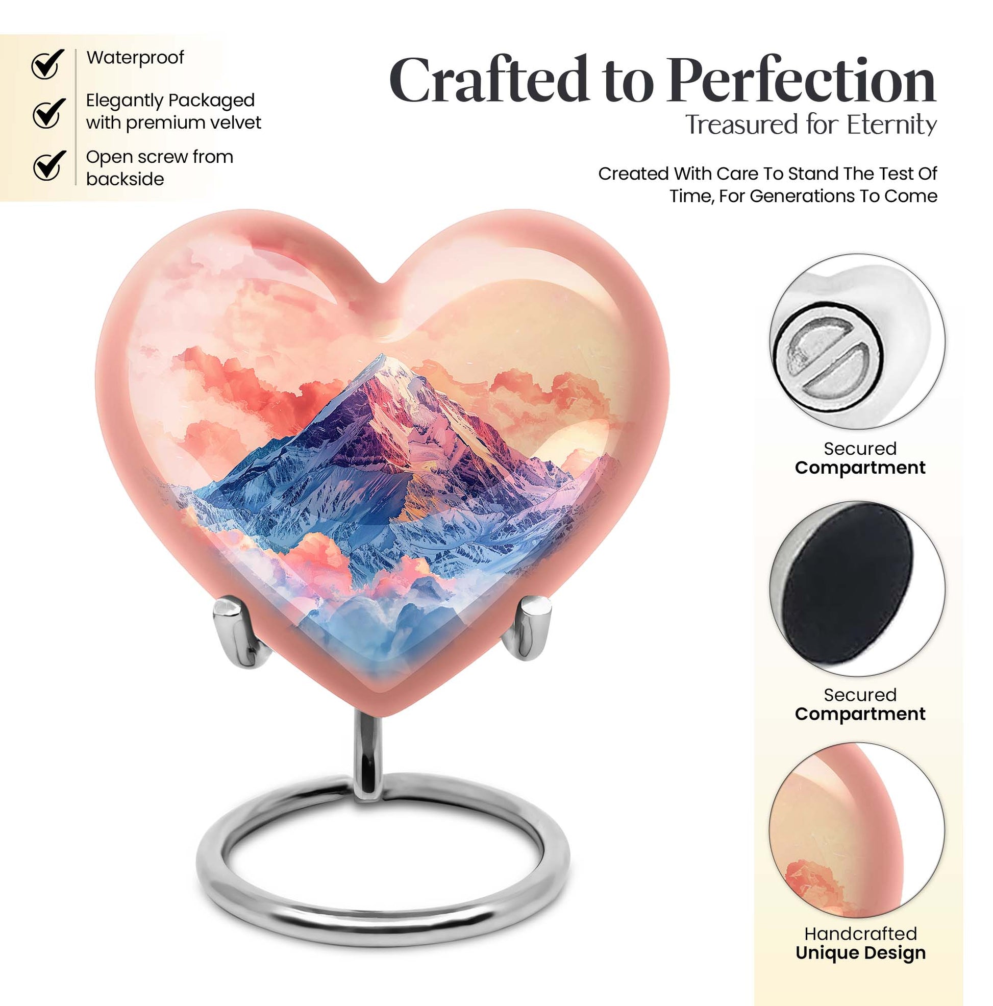 10-inch heart-shaped mountains urn for cremation or memorial, made of aluminium