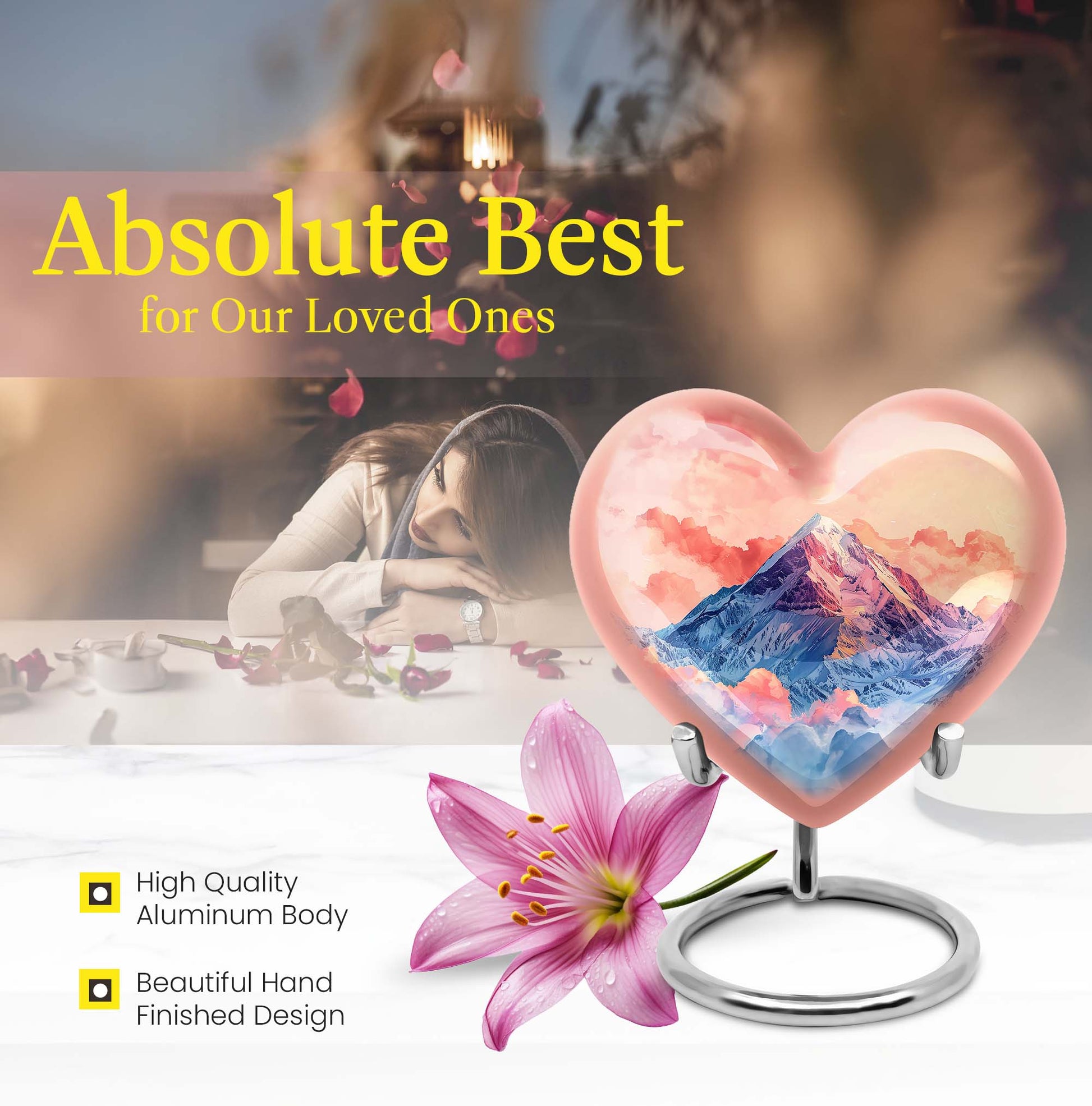 10-inch heart-shaped mountains urn for cremation or memorial, made of aluminium