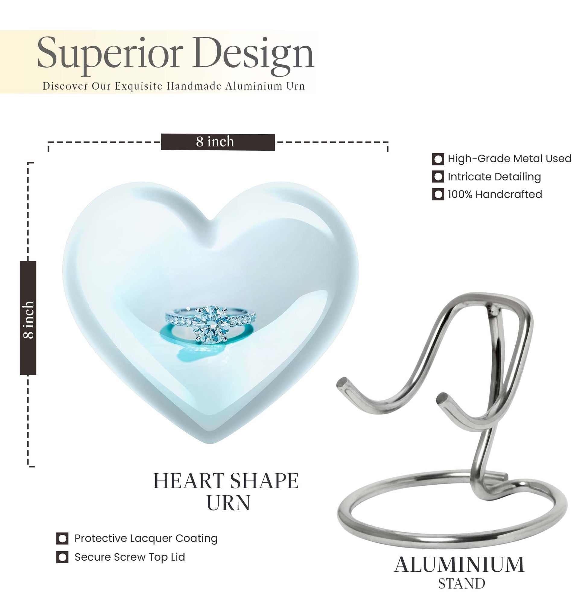 10 inch heart ring urn made of aluminium for men's ashes, customizable with engraving