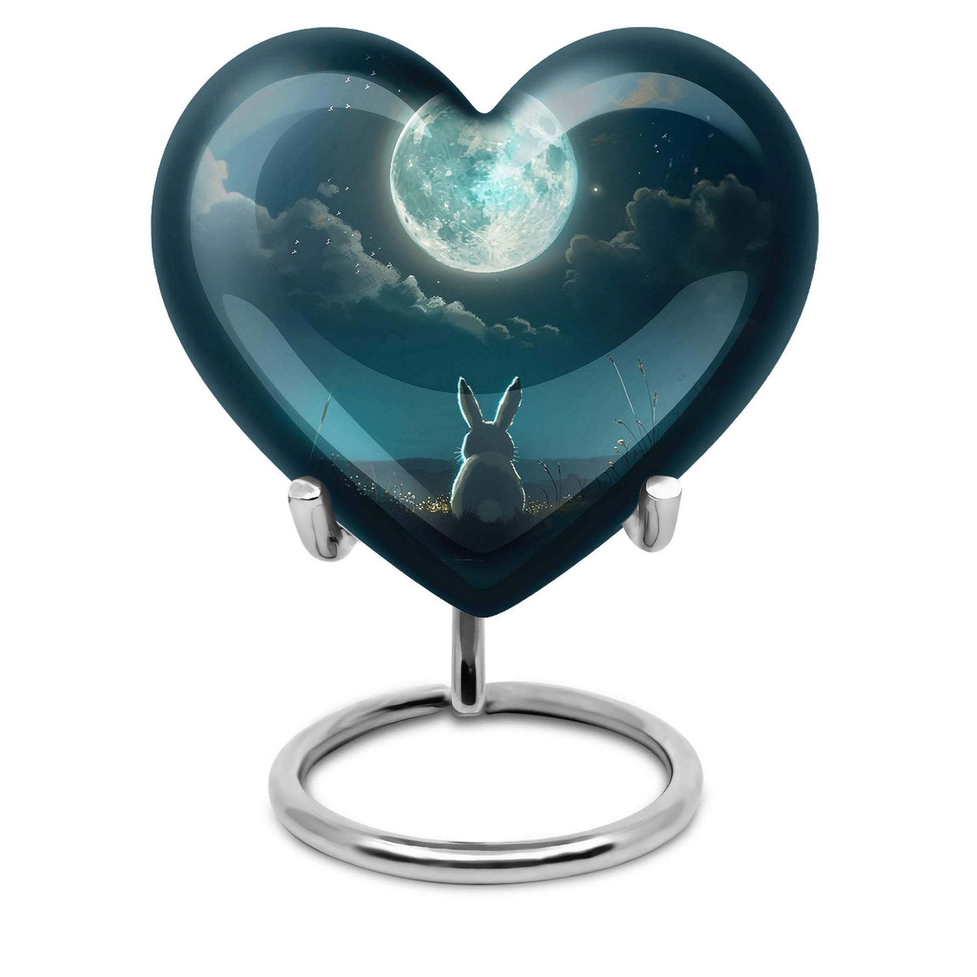 Heart-shaped white bunny moon cremation urn