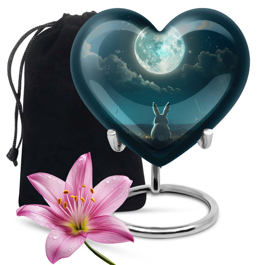 Heart-shaped white bunny moon cremation urn