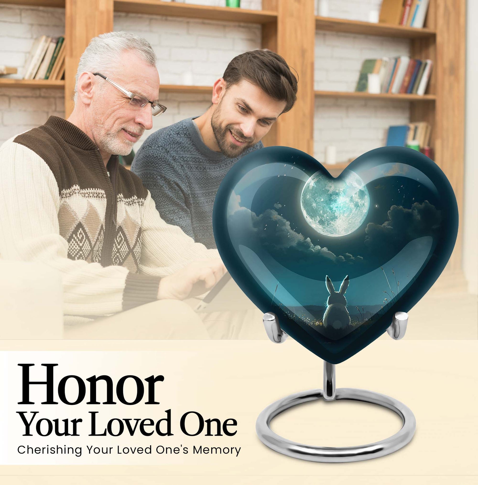 Heart-shaped white bunny moon cremation urn