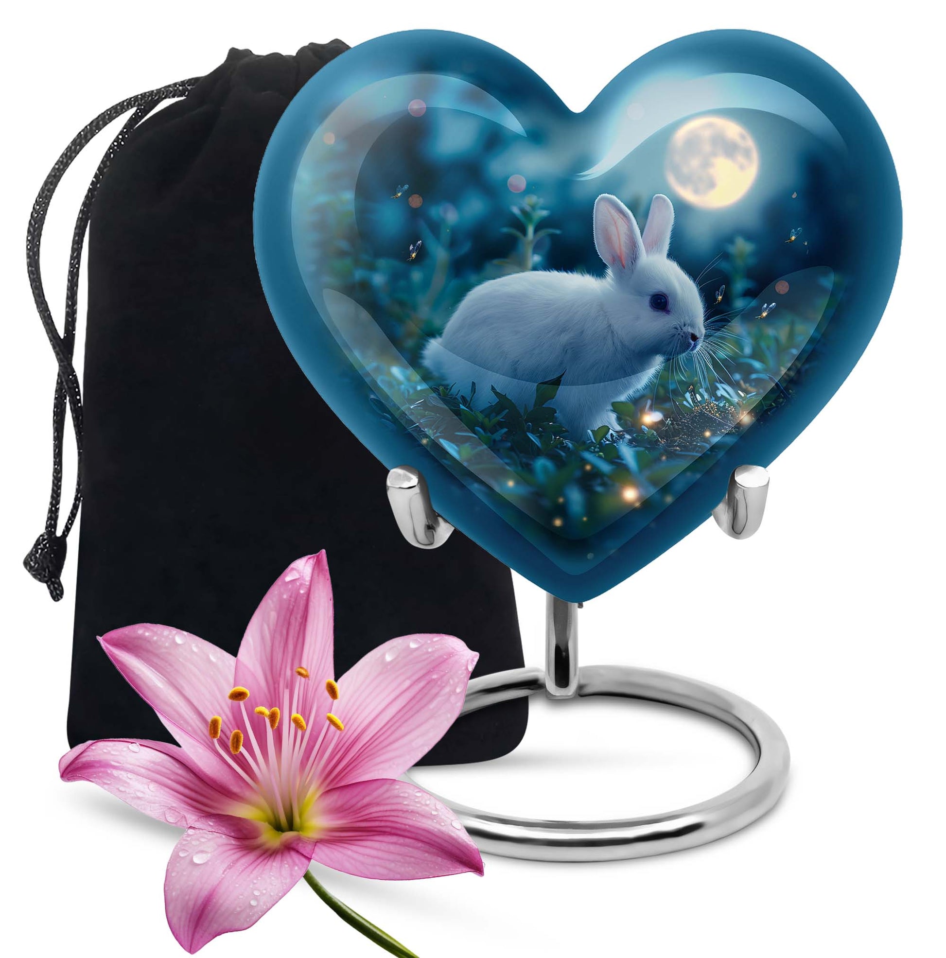 White bunny moon Heart Urn, 10-inch memorial cremation urn for mom in Aluminium with engraving option