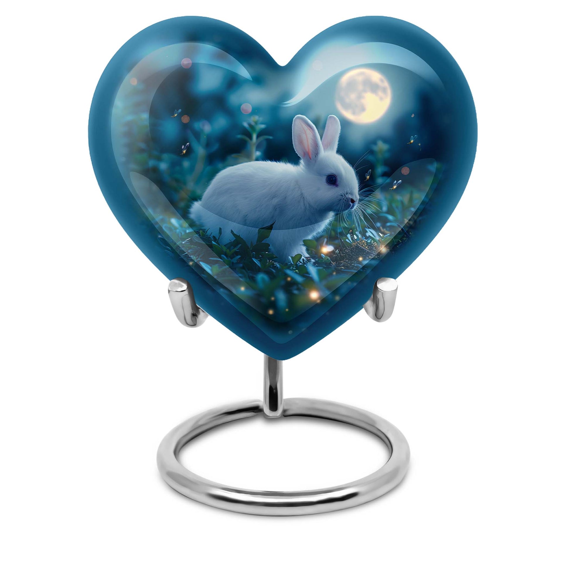 White bunny moon Heart Urn, 10-inch memorial cremation urn for mom in Aluminium with engraving option