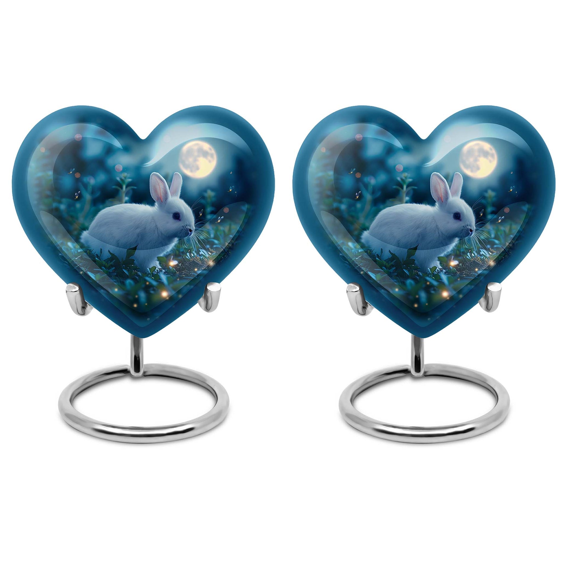 White bunny moon Heart Urn, 10-inch memorial cremation urn for mom in Aluminium with engraving option