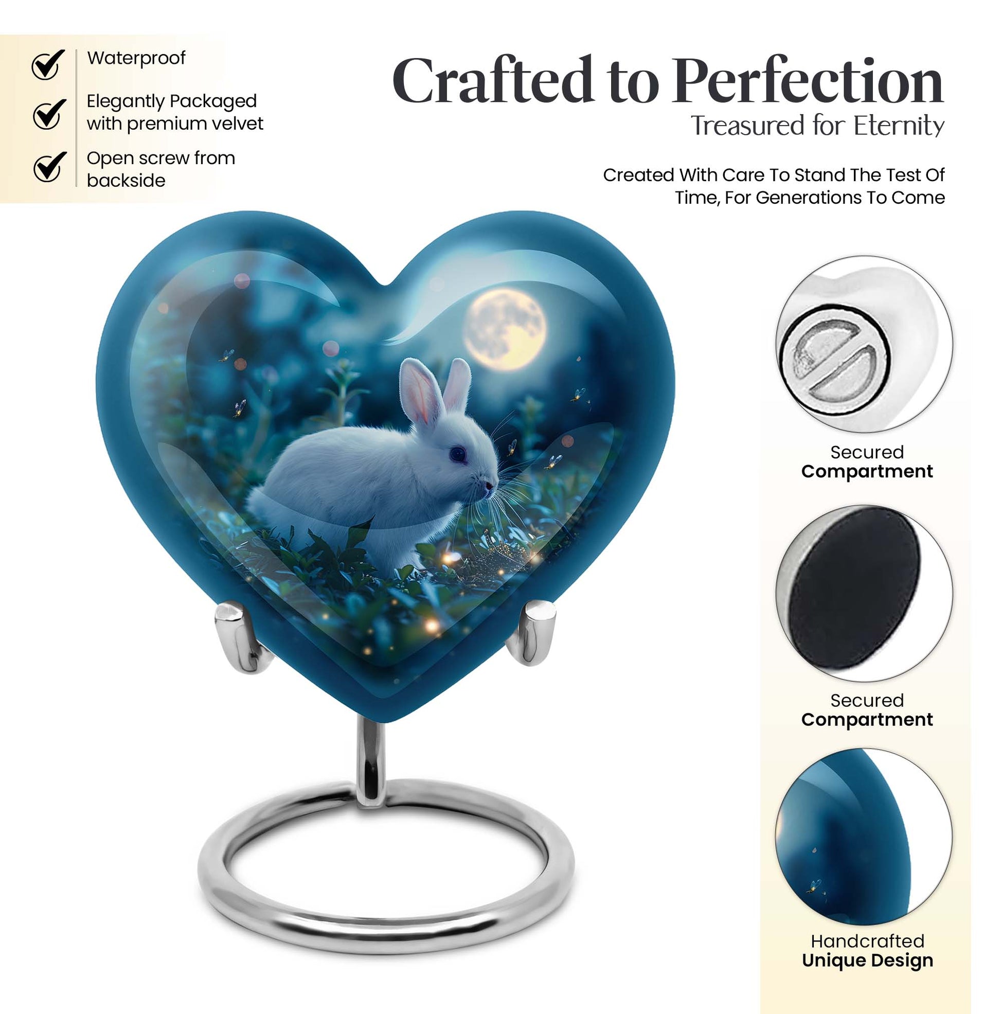 White bunny moon Heart Urn, 10-inch memorial cremation urn for mom in Aluminium with engraving option