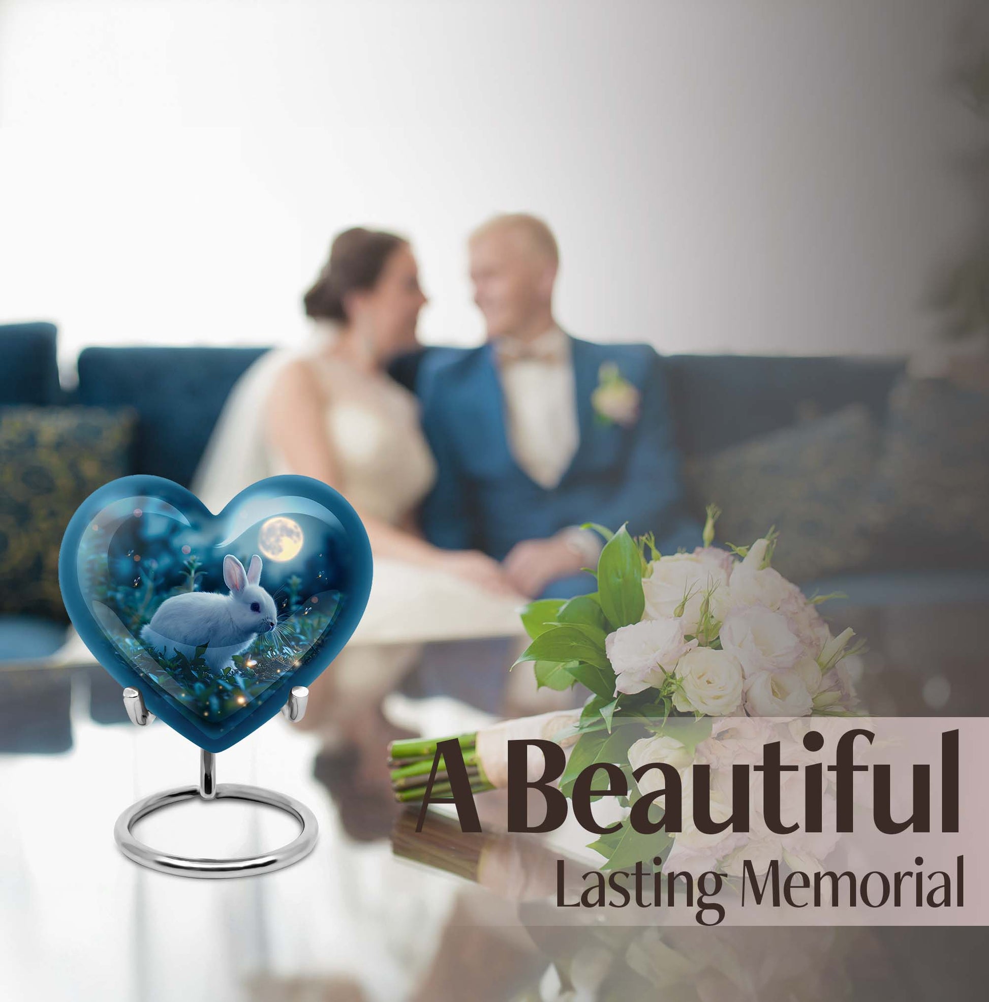 White bunny moon Heart Urn, 10-inch memorial cremation urn for mom in Aluminium with engraving option