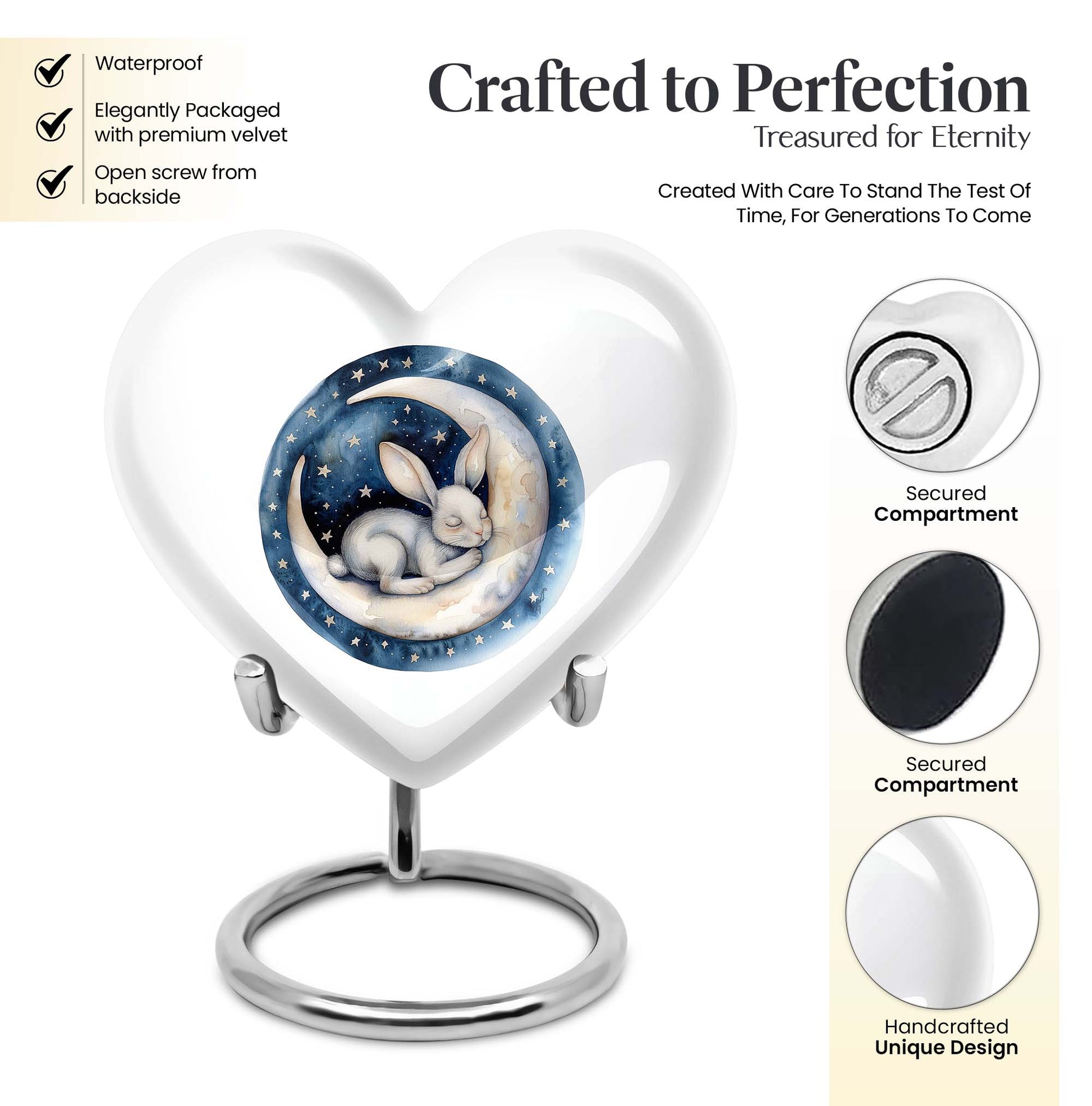 white bunny moon heart-shaped urn for ashes