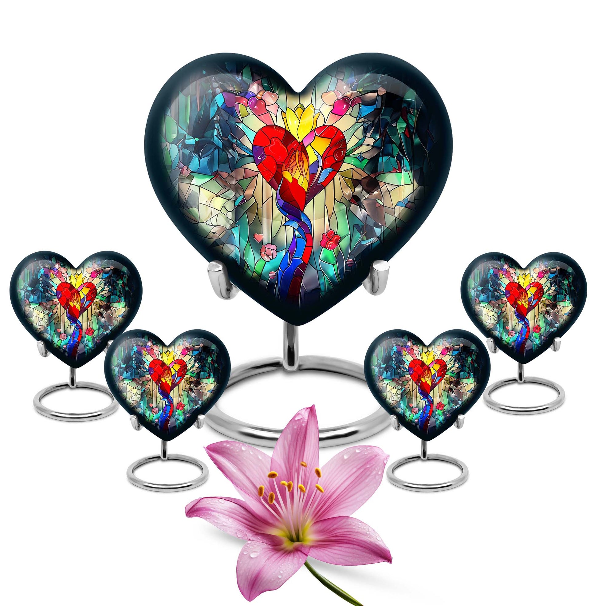 Heart-shaped stained glass urn for ashes, customizable with engraved names