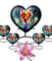 Heart-shaped stained glass urn for ashes, customizable with engraved names