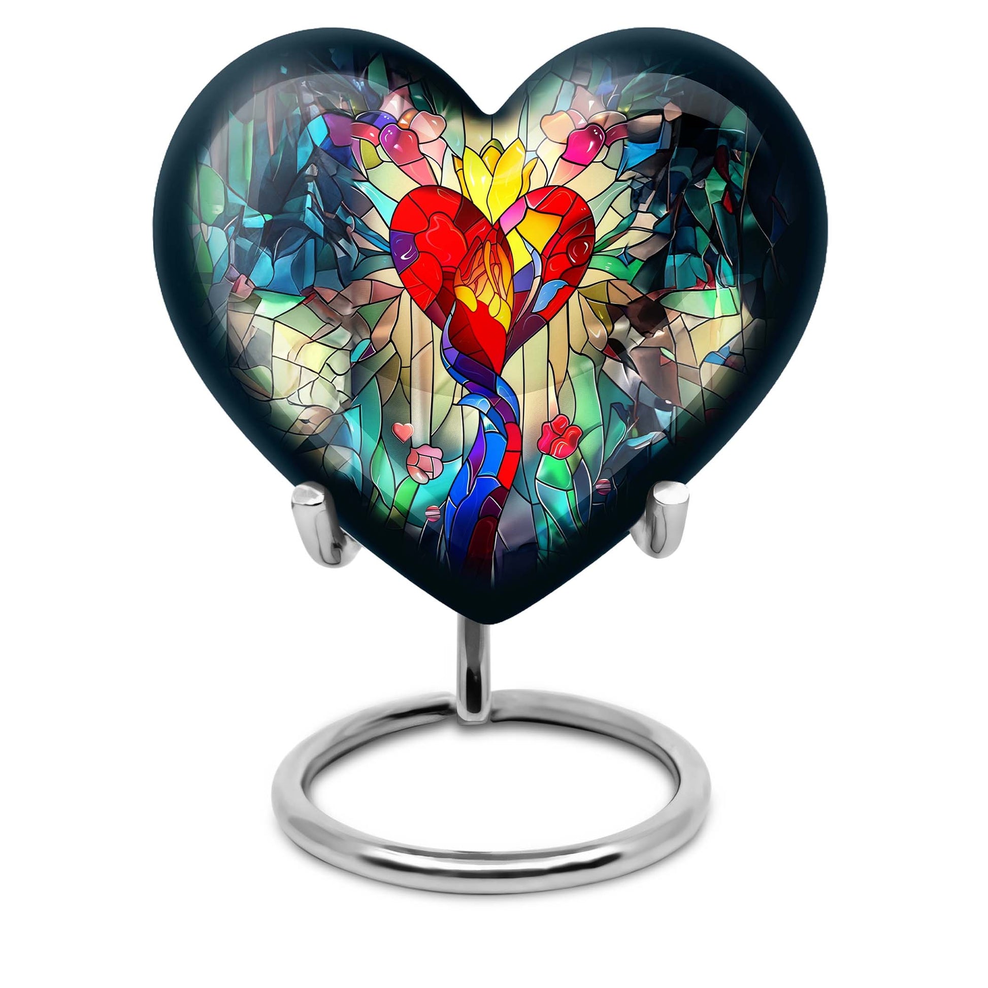 Heart-shaped stained glass urn for ashes, customizable with engraved names