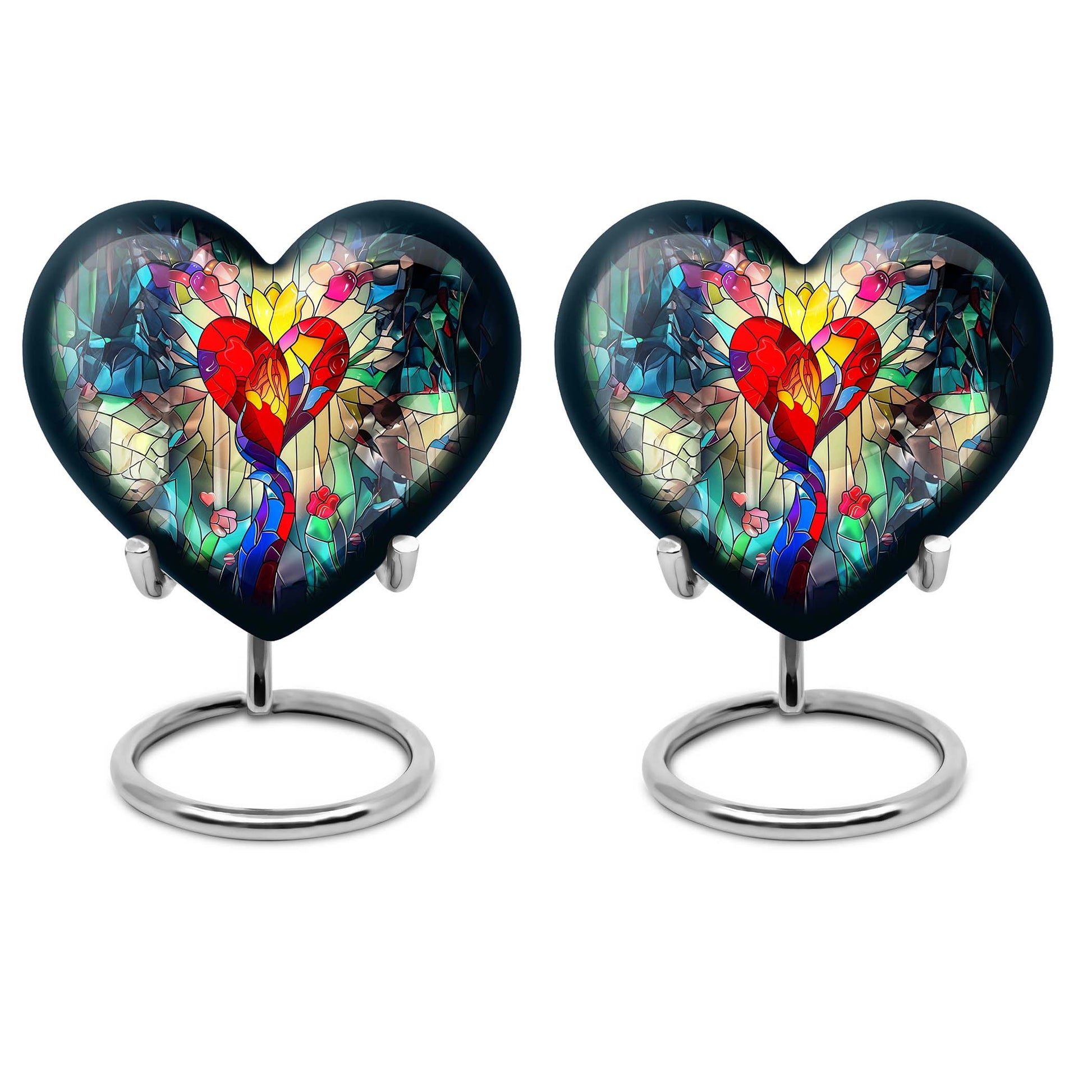 Heart-shaped stained glass urn for ashes, customizable with engraved names