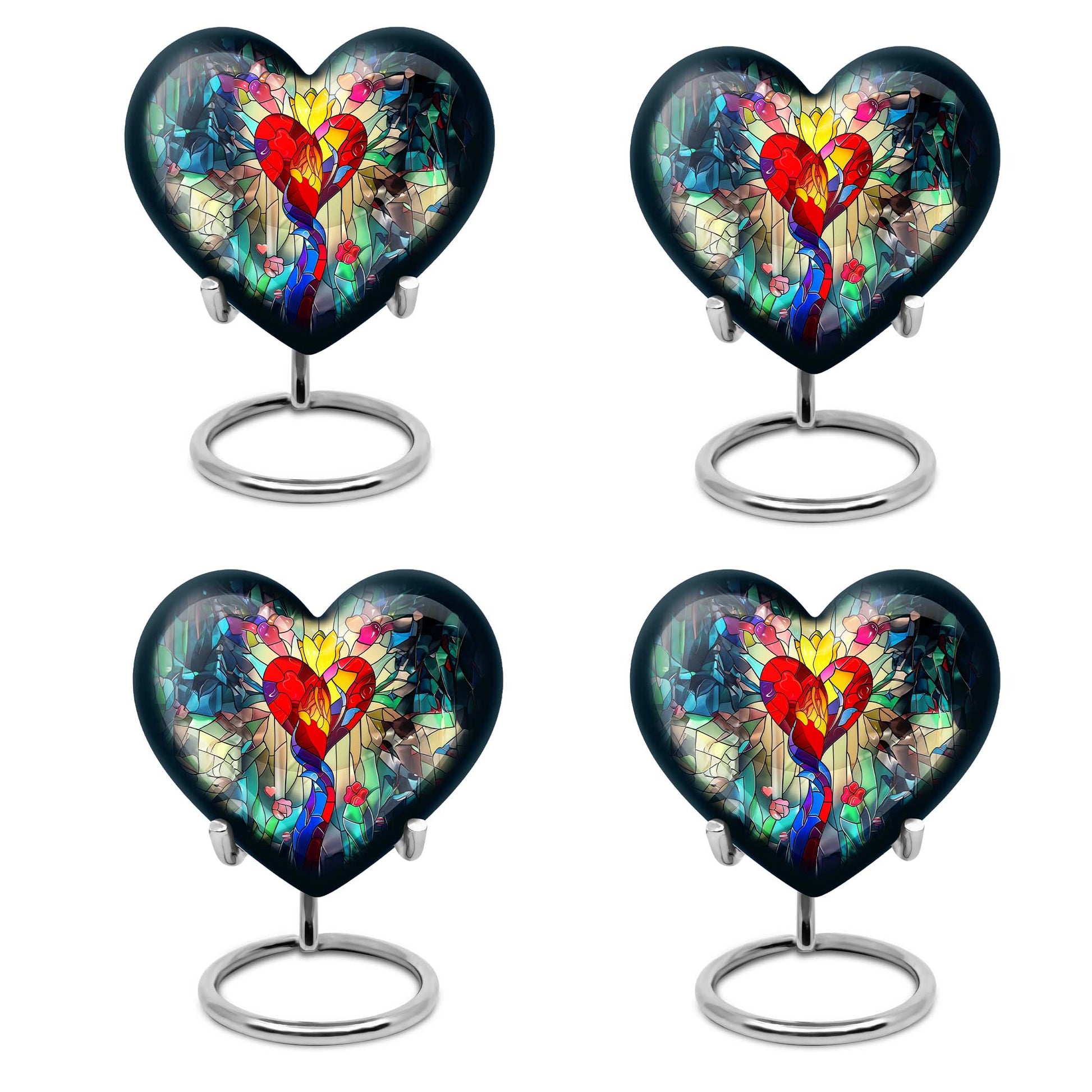 Heart-shaped stained glass urn for ashes, customizable with engraved names