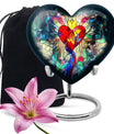 Heart-shaped stained glass urn for ashes, customizable with engraved names