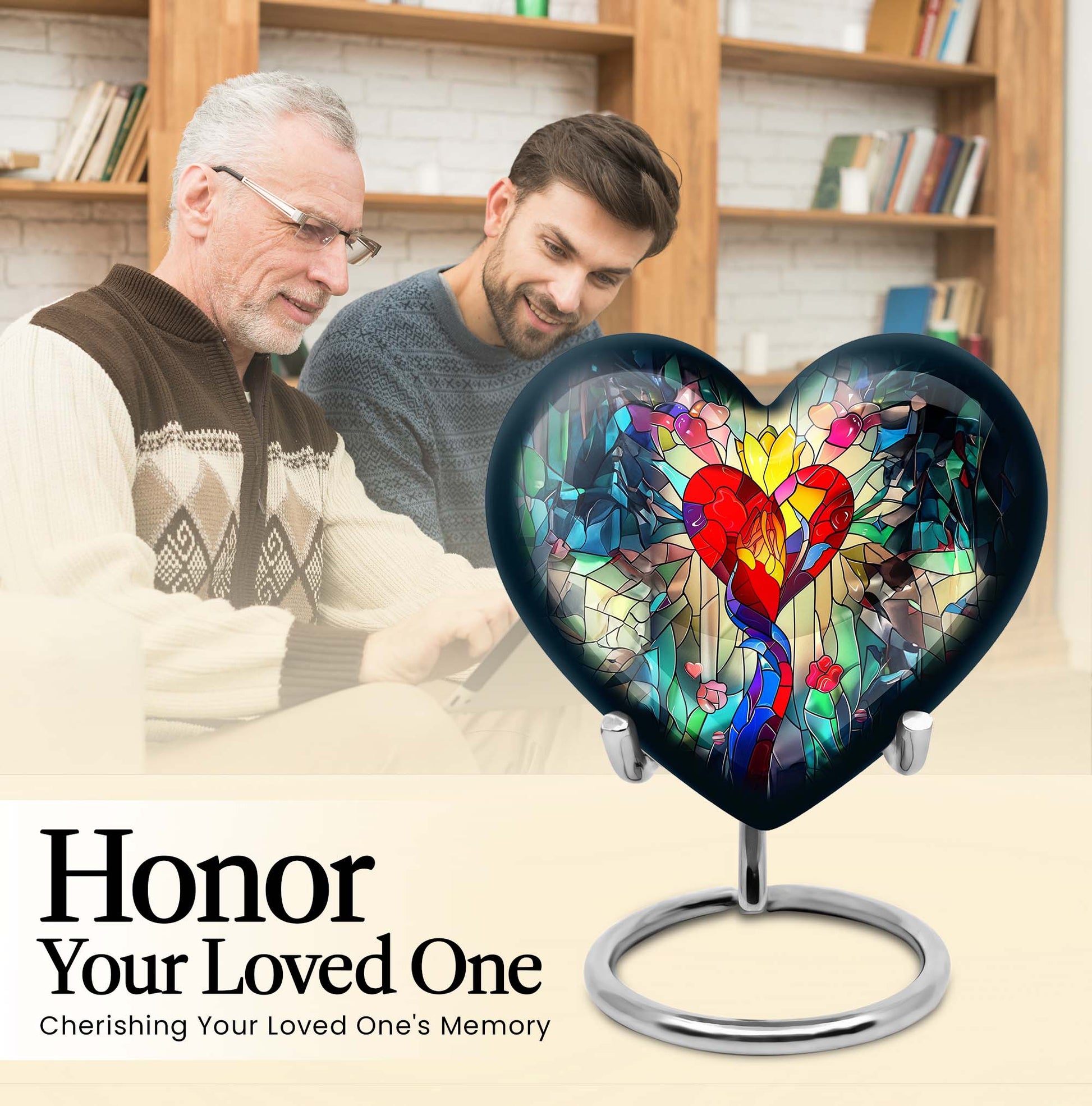 Heart-shaped stained glass urn for ashes, customizable with engraved names