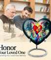 Heart-shaped stained glass urn for ashes, customizable with engraved names