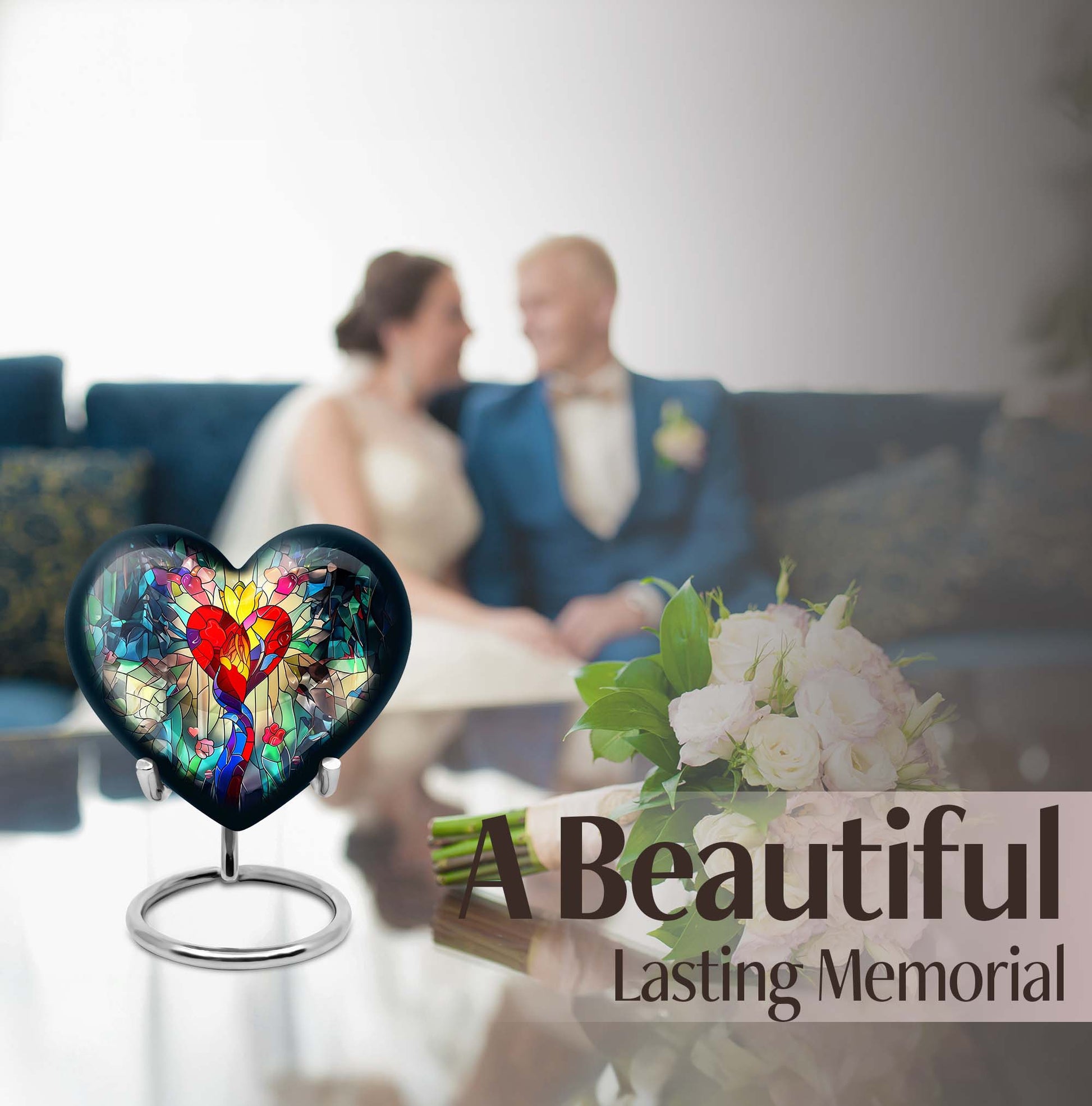 Heart-shaped stained glass urn for ashes, customizable with engraved names