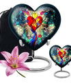 Heart-shaped stained glass urn for ashes, customizable with engraved names