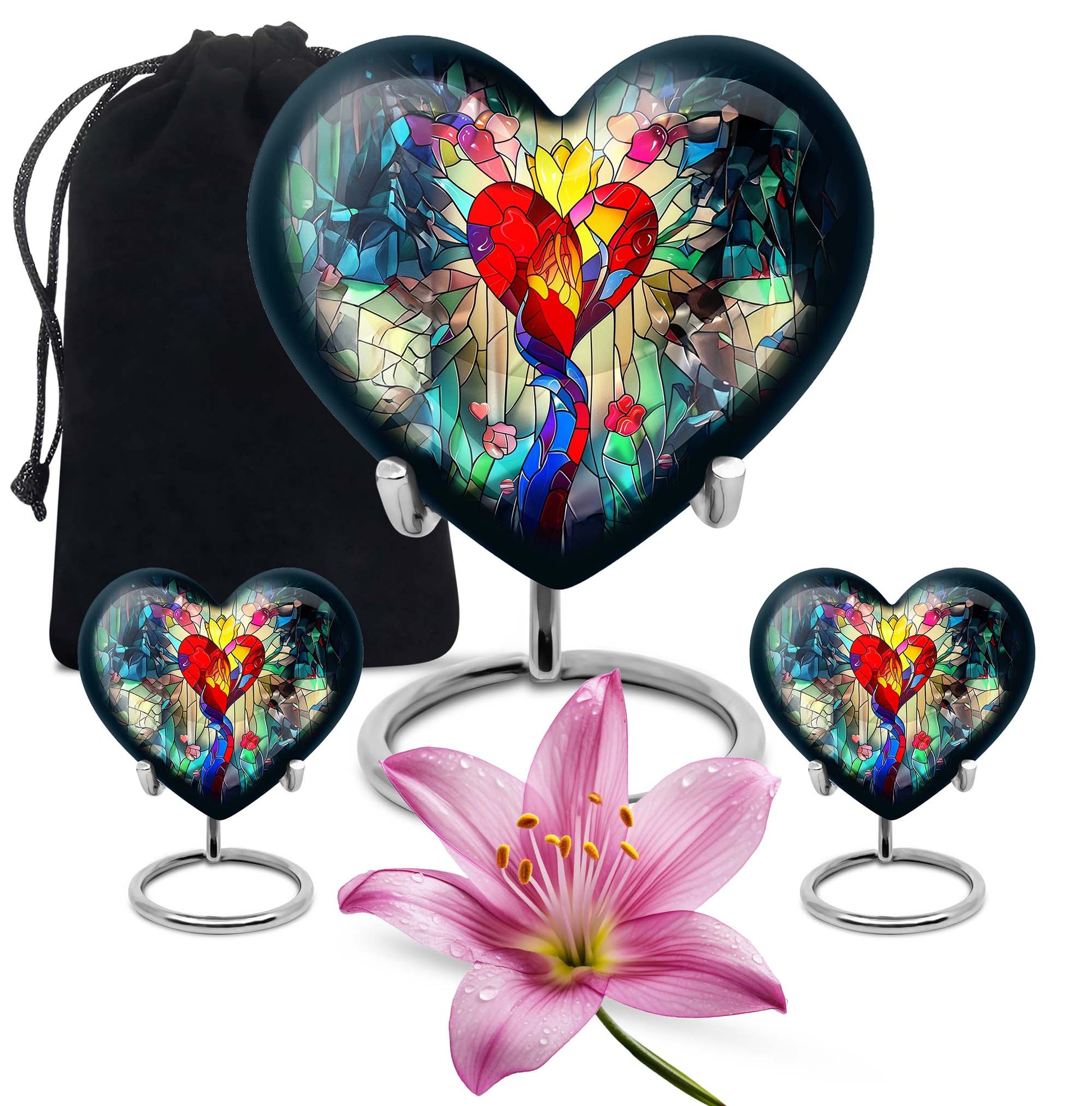 Heart-shaped stained glass urn for ashes, customizable with engraved names