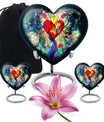 Heart-shaped stained glass urn for ashes, customizable with engraved names