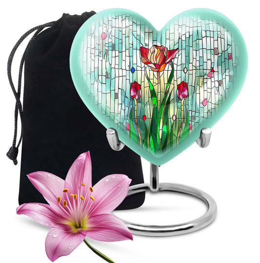 10-inch heart-shaped stained glass urn for cremation ashes, with personal engraving option