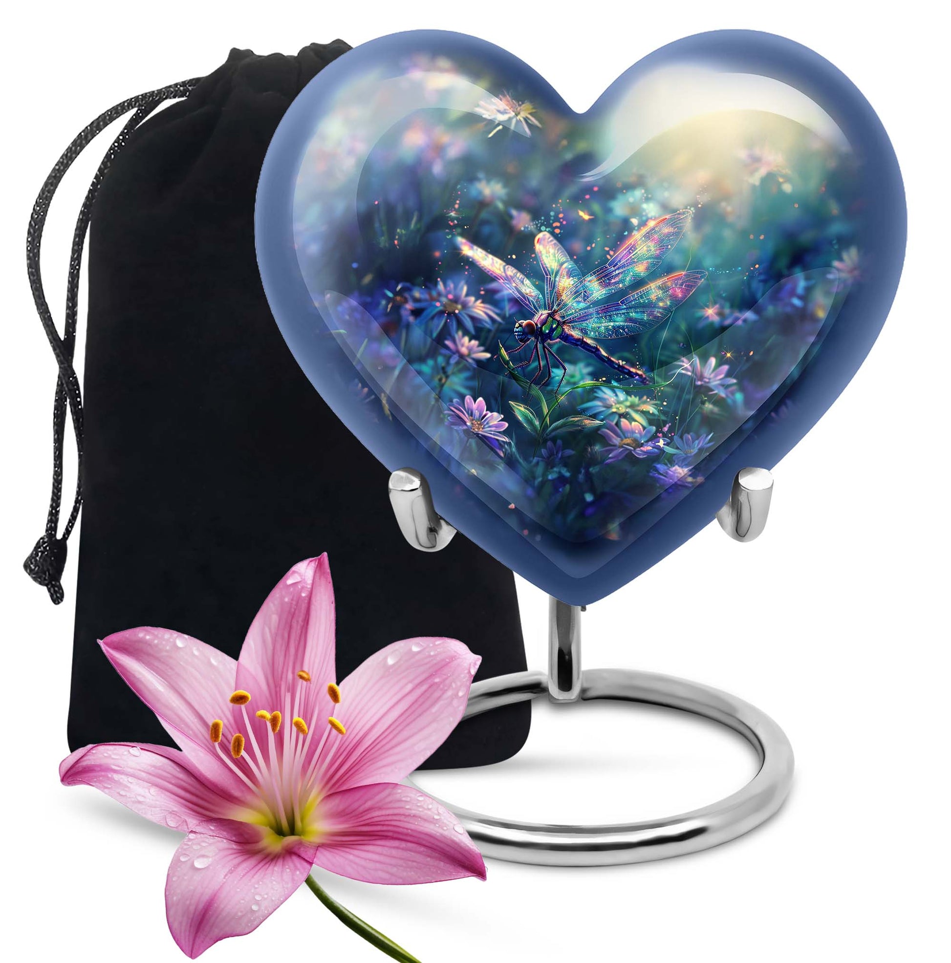 10-inch Cosmic Dragonfly Heart Urn for ashes, Aluminium construction with velvet pouch