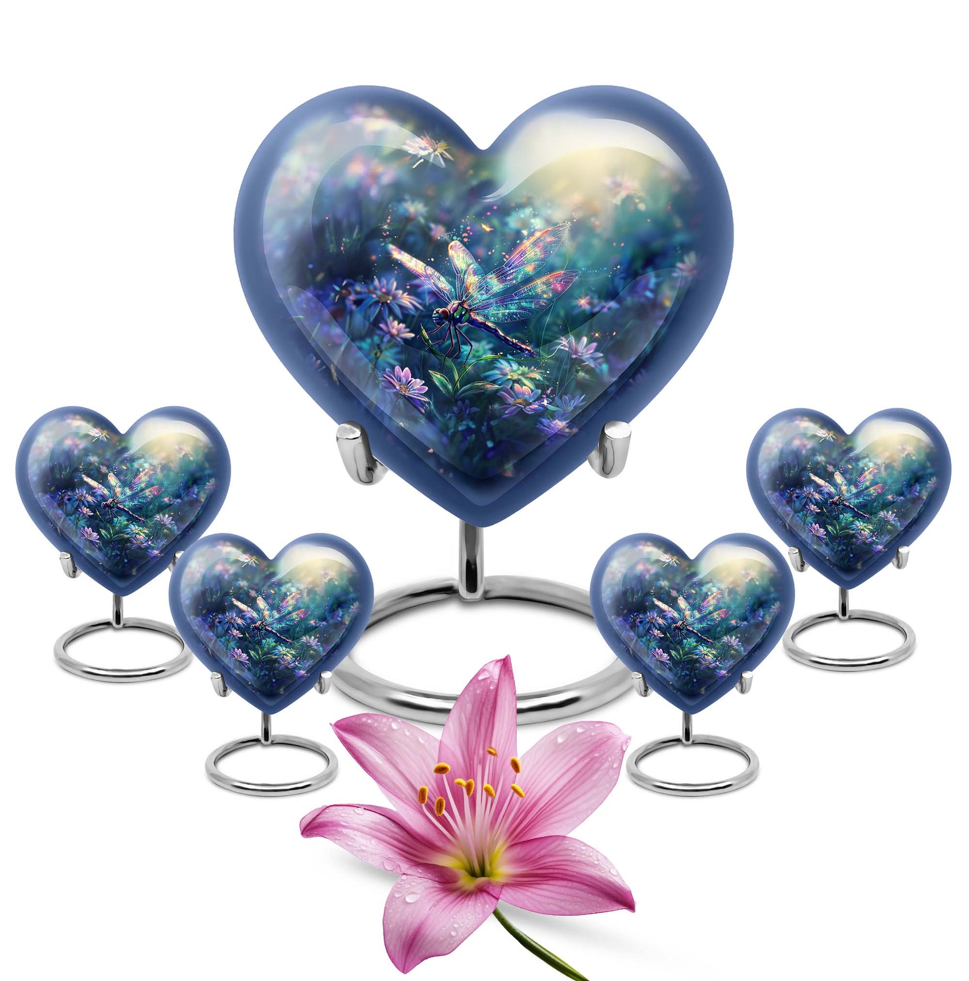 10-inch Cosmic Dragonfly Heart Urn for ashes, Aluminium construction with velvet pouch