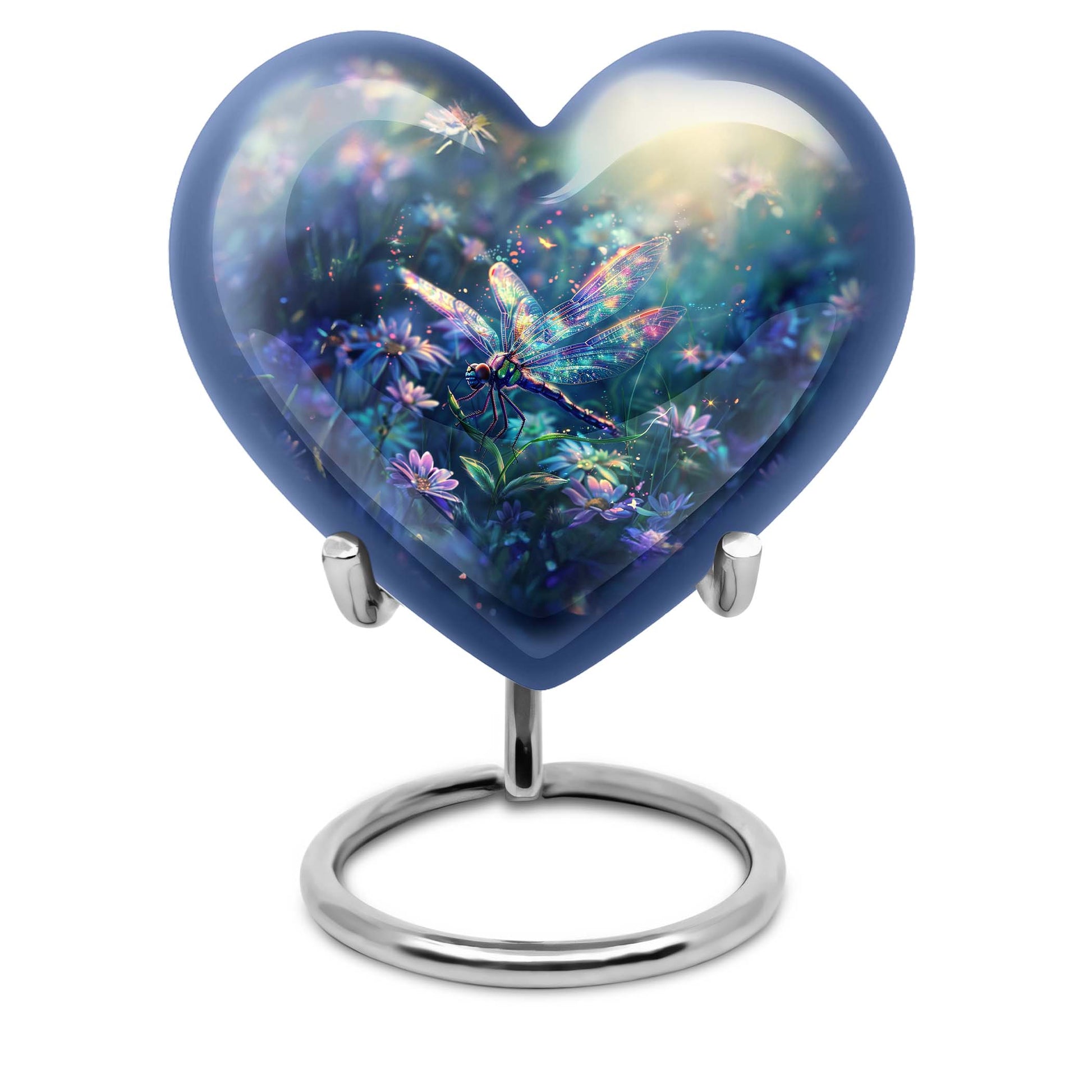 10-inch Cosmic Dragonfly Heart Urn for ashes, Aluminium construction with velvet pouch