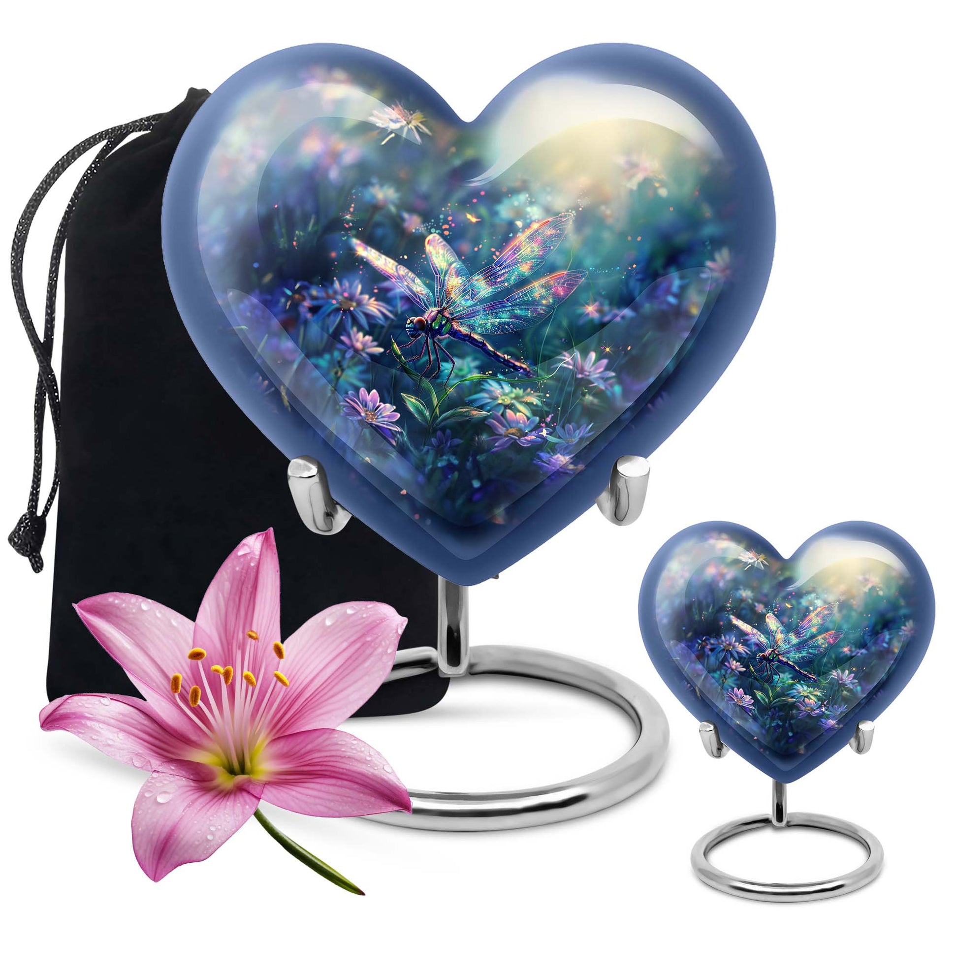 10-inch Cosmic Dragonfly Heart Urn for ashes, Aluminium construction with velvet pouch