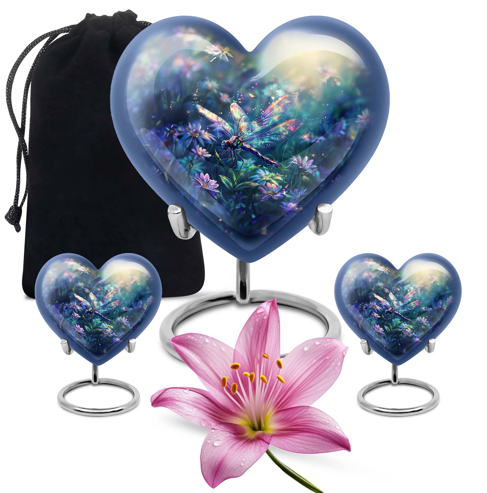 10-inch Cosmic Dragonfly Heart Urn for ashes, Aluminium construction with velvet pouch