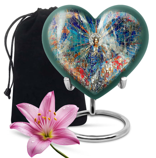 Abstract heart-design 10-inch stained glass memorial burial urn, perfect for personalized engraving