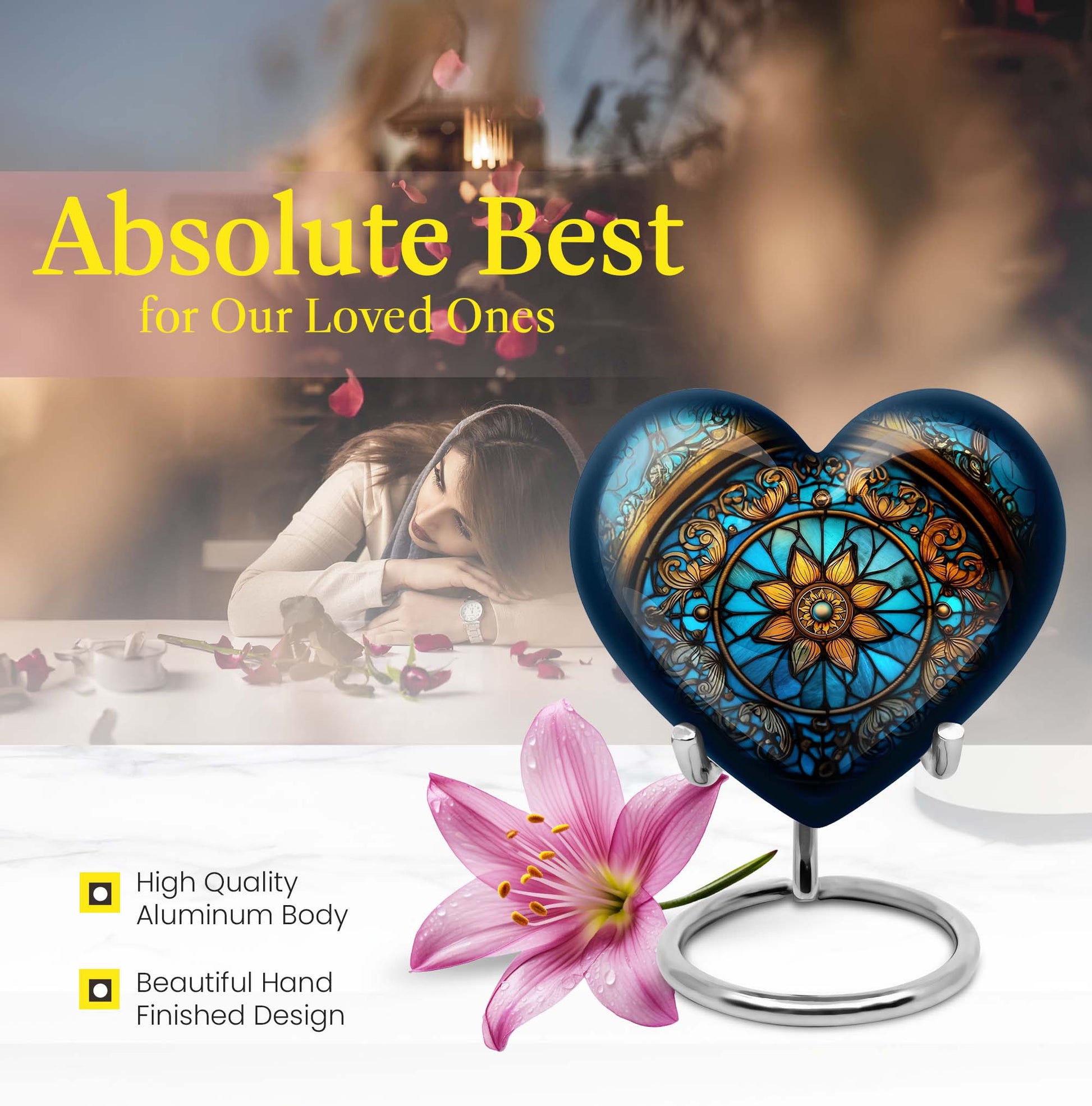 10-inch heart-shaped stained glass urn for women ashes with abstract design