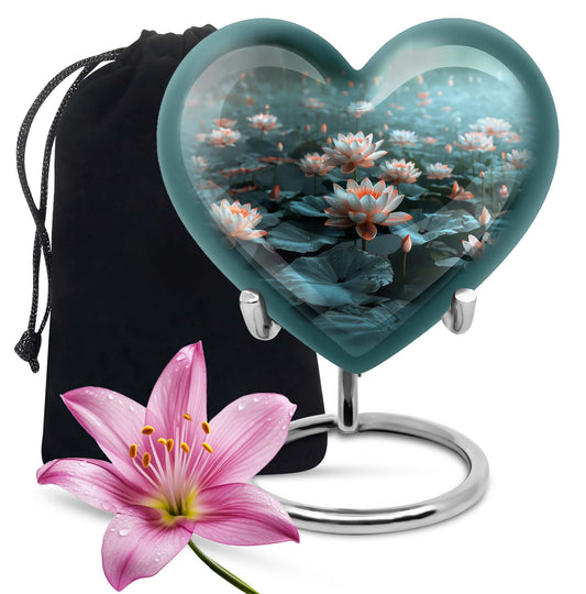 10-inch heart-shaped Lotus Urn, a large aluminium burial urn for cremation ashes