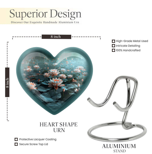 10-inch heart-shaped Lotus Urn, a large aluminium burial urn for cremation ashes