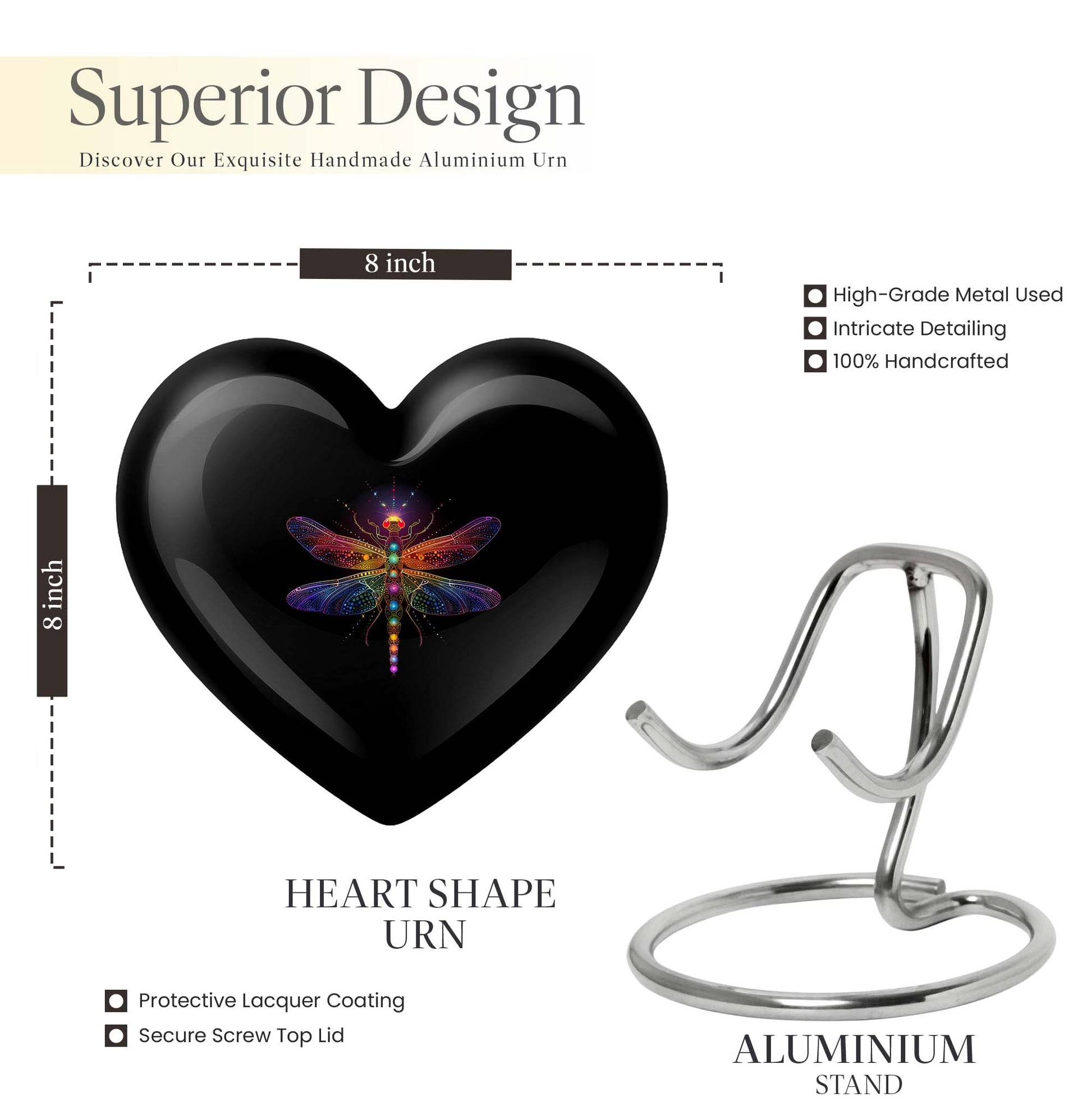 10-inch Cosmic dragonfly heart shaped aluminum cremation urn for men