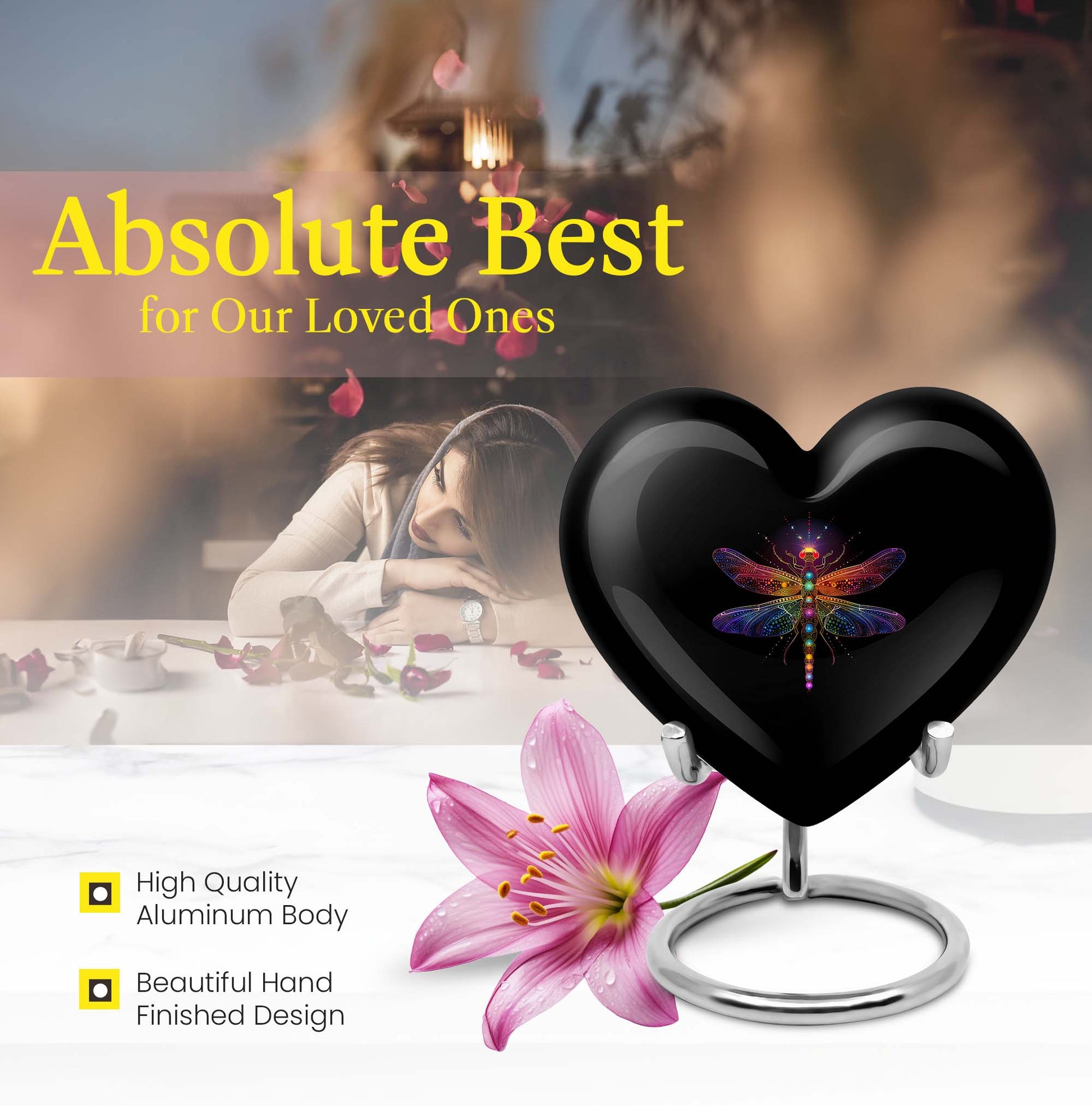 10-inch Cosmic dragonfly heart shaped aluminum cremation urn for men