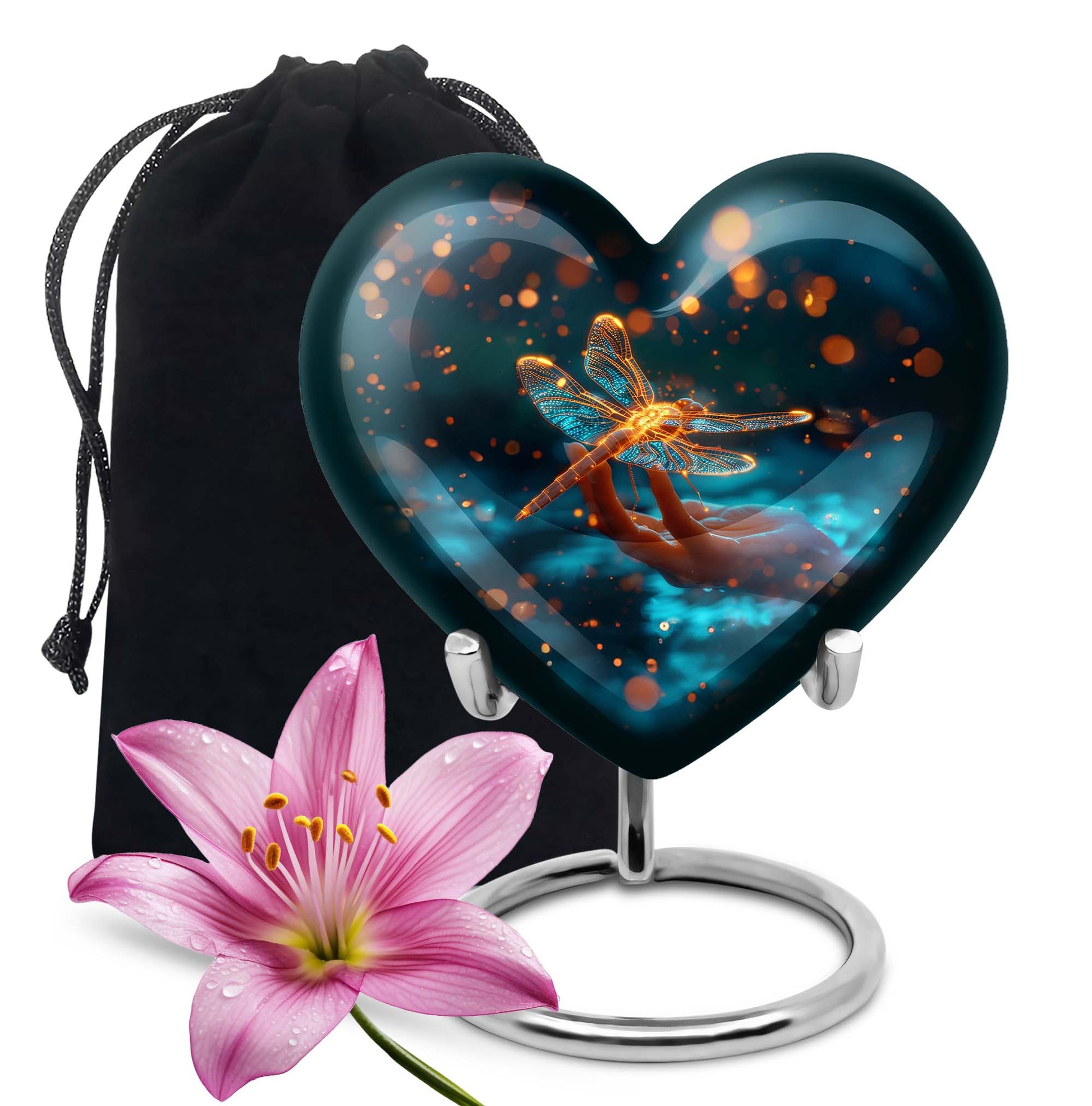 10-inch Cosmic Dragonfly Heart Urn for burial, crafted from aluminium