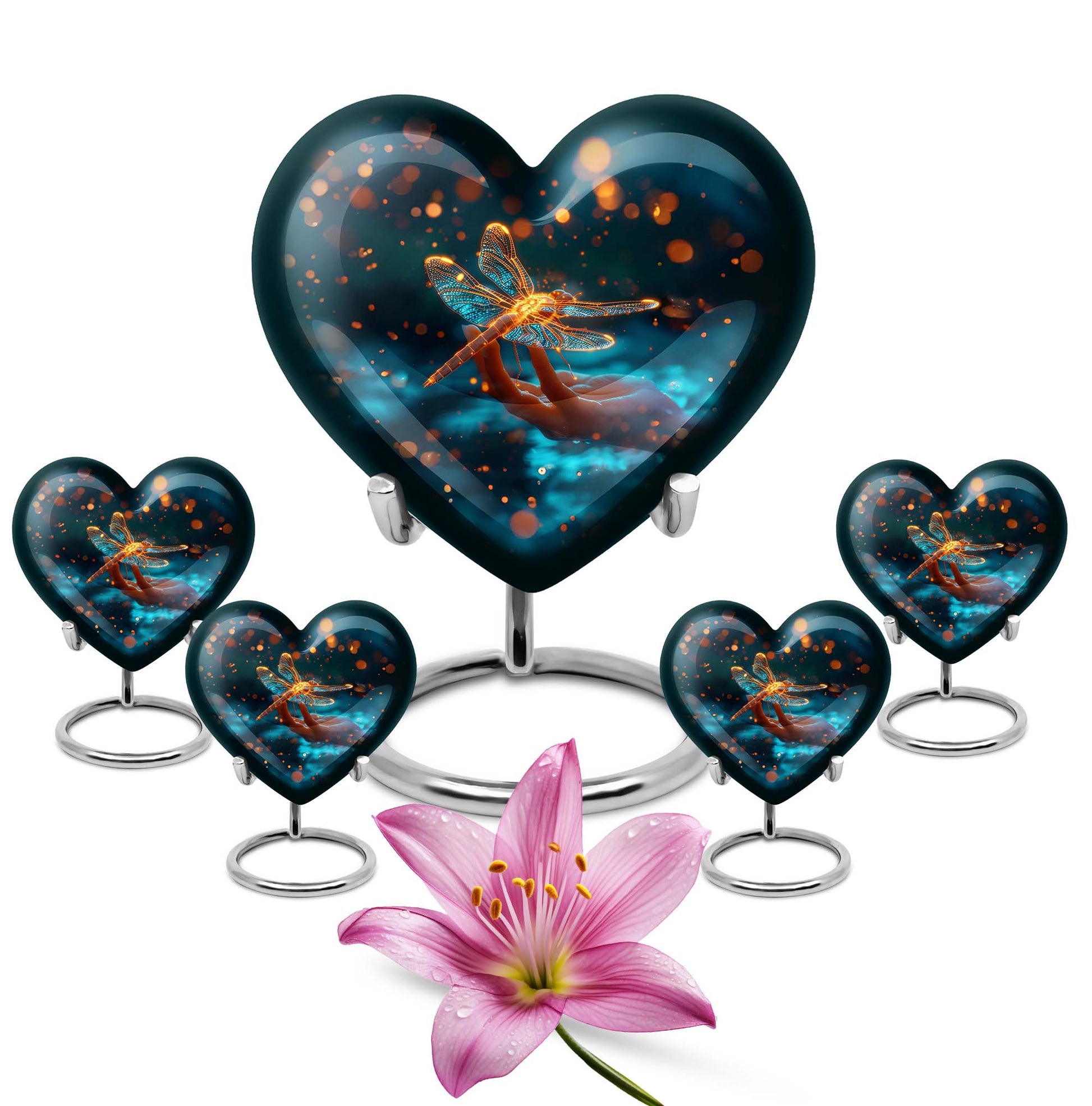 10-inch Cosmic Dragonfly Heart Urn for burial, crafted from aluminium