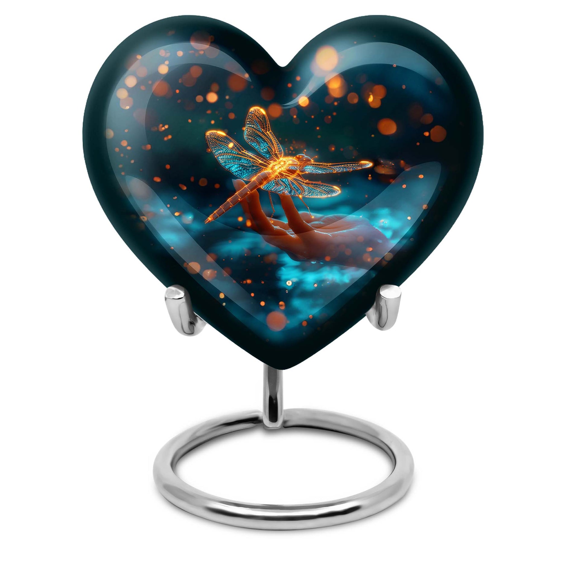 10-inch Cosmic Dragonfly Heart Urn for burial, crafted from aluminium