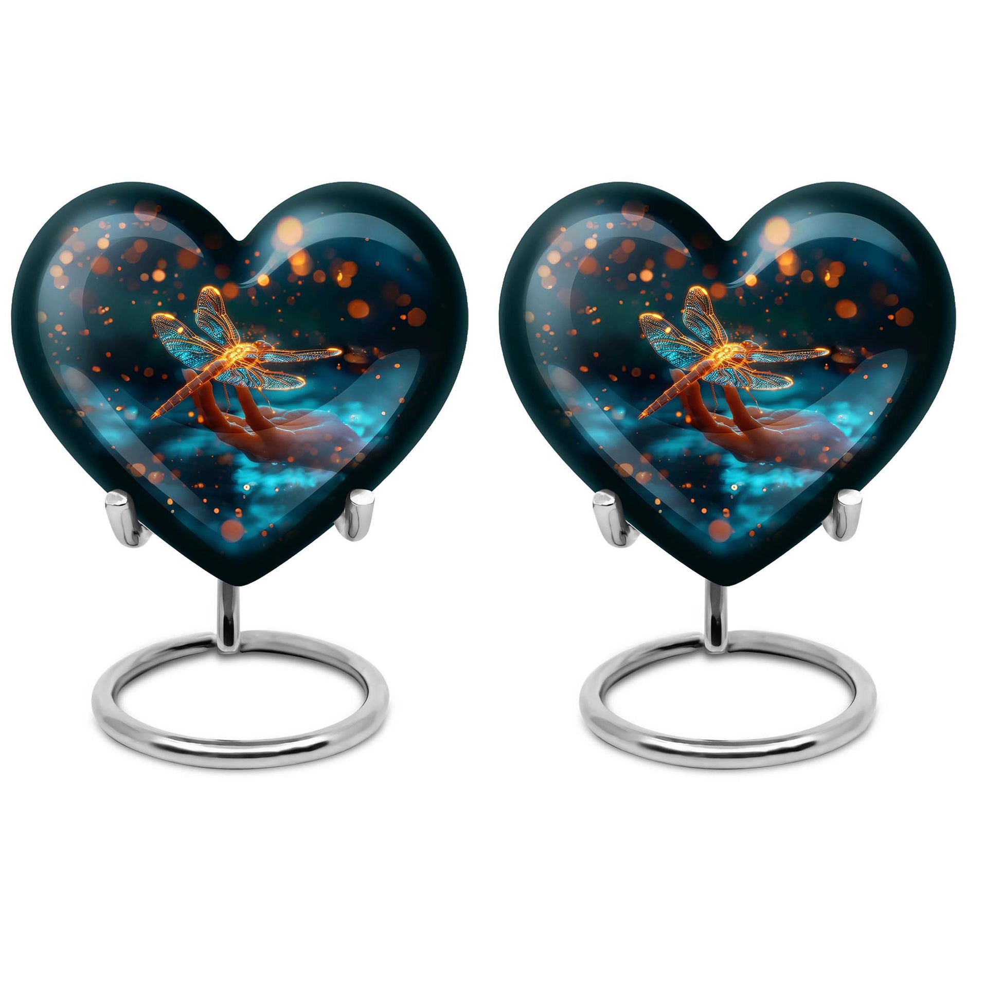 10-inch Cosmic Dragonfly Heart Urn for burial, crafted from aluminium