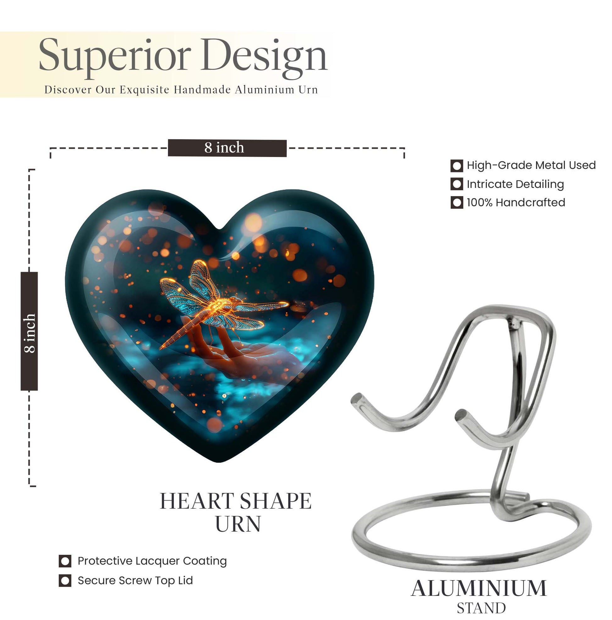 10-inch Cosmic Dragonfly Heart Urn for burial, crafted from aluminium