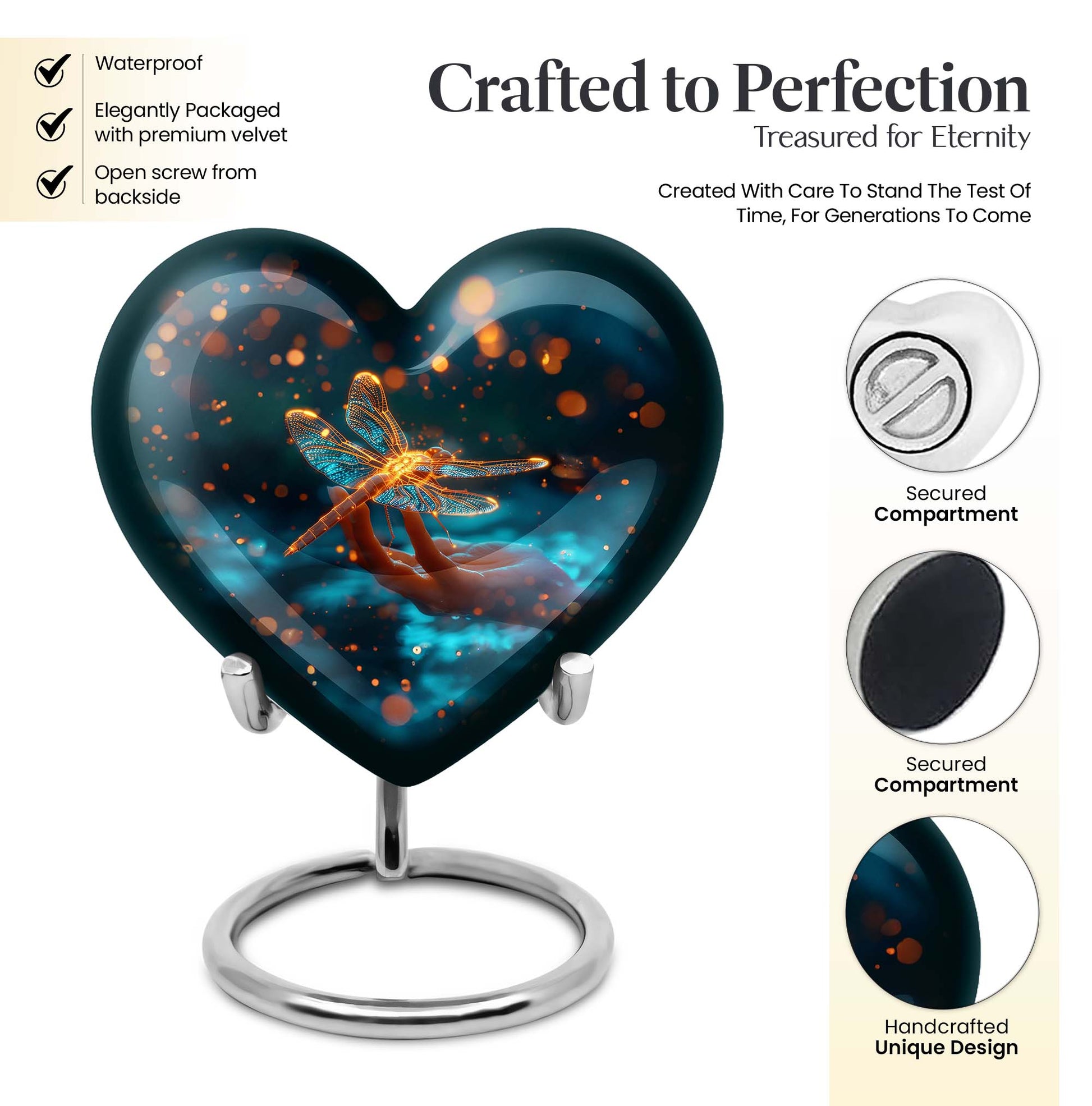 10-inch Cosmic Dragonfly Heart Urn for burial, crafted from aluminium