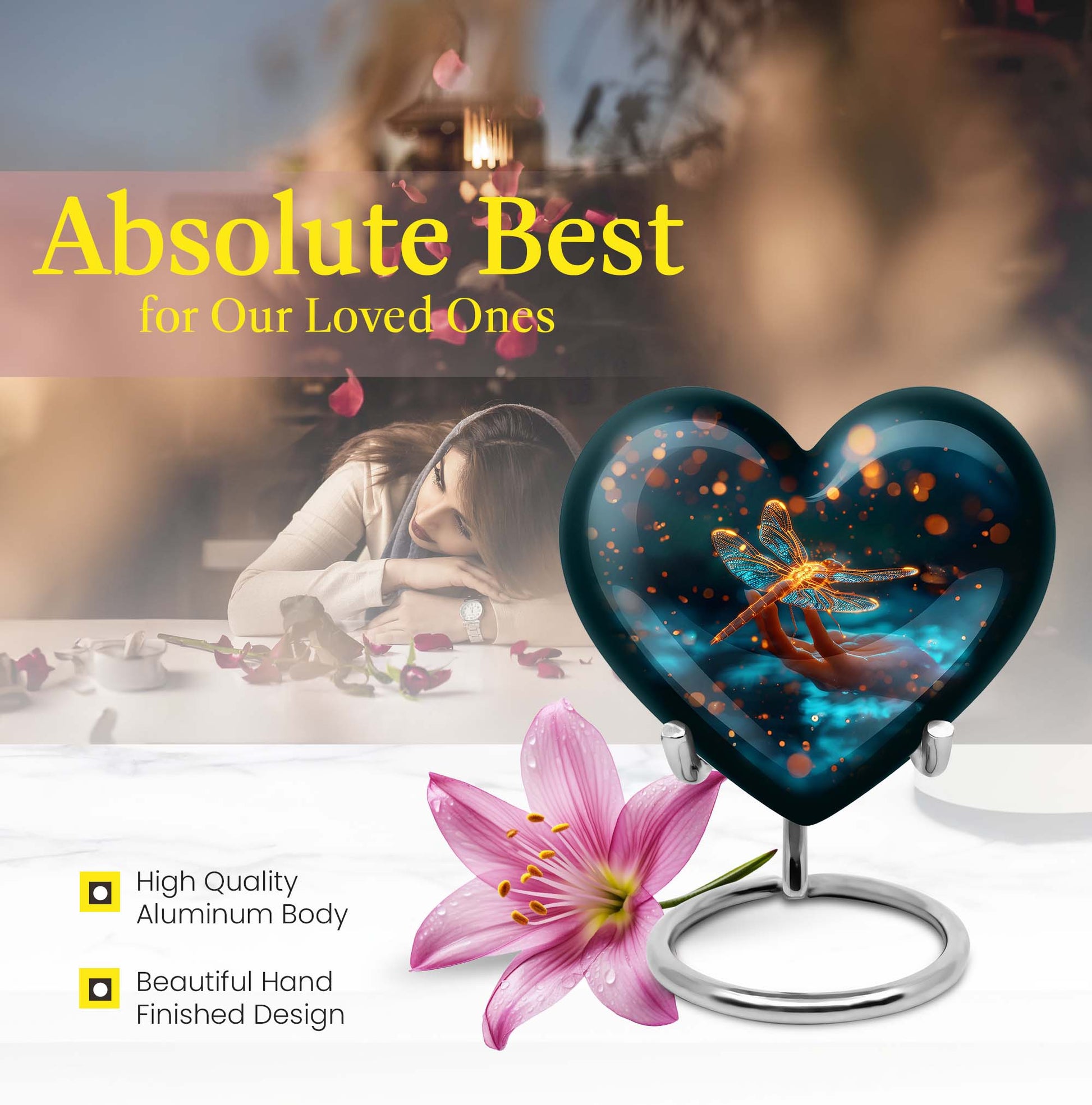 10-inch Cosmic Dragonfly Heart Urn for burial, crafted from aluminium